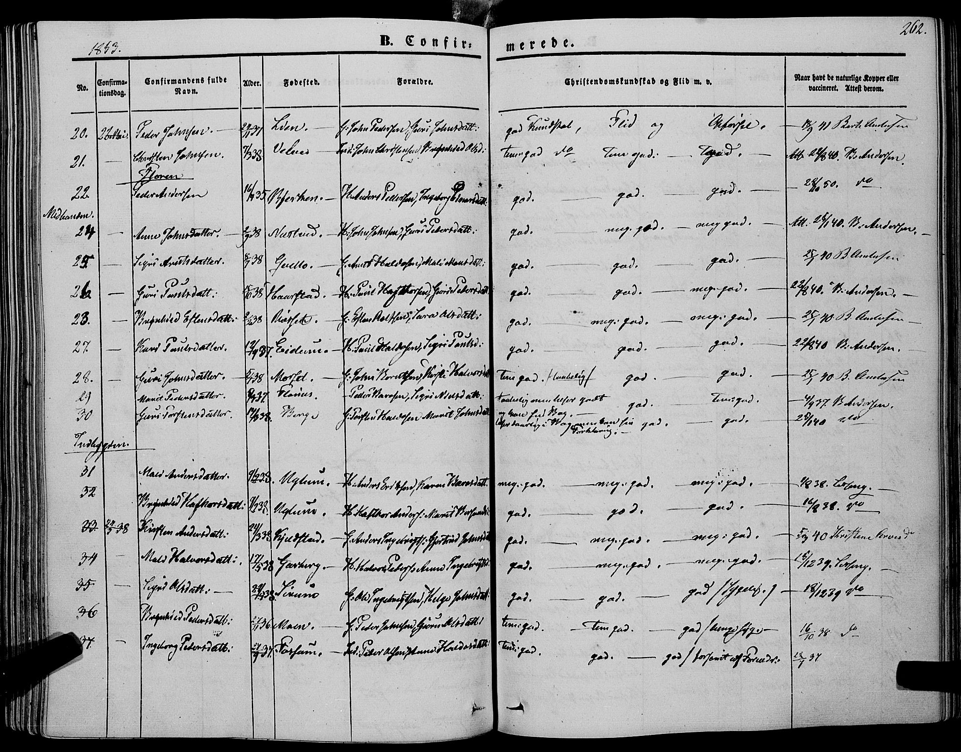 Ministerialprotokoller, klokkerbøker og fødselsregistre - Sør-Trøndelag, SAT/A-1456/695/L1145: Parish register (official) no. 695A06 /1, 1843-1859, p. 262