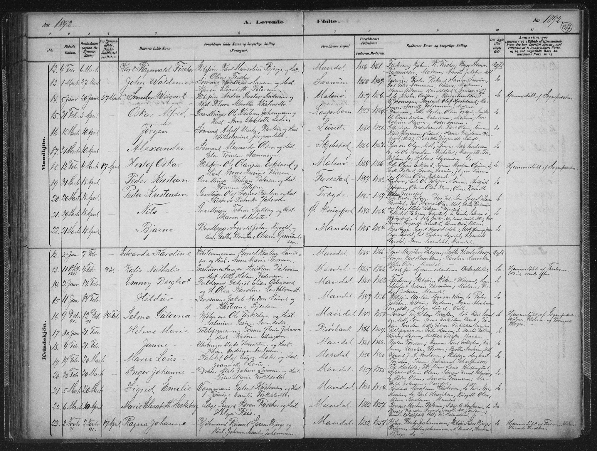 Mandal sokneprestkontor, SAK/1111-0030/F/Fb/Fba/L0011: Parish register (copy) no. B 5, 1880-1898, p. 127