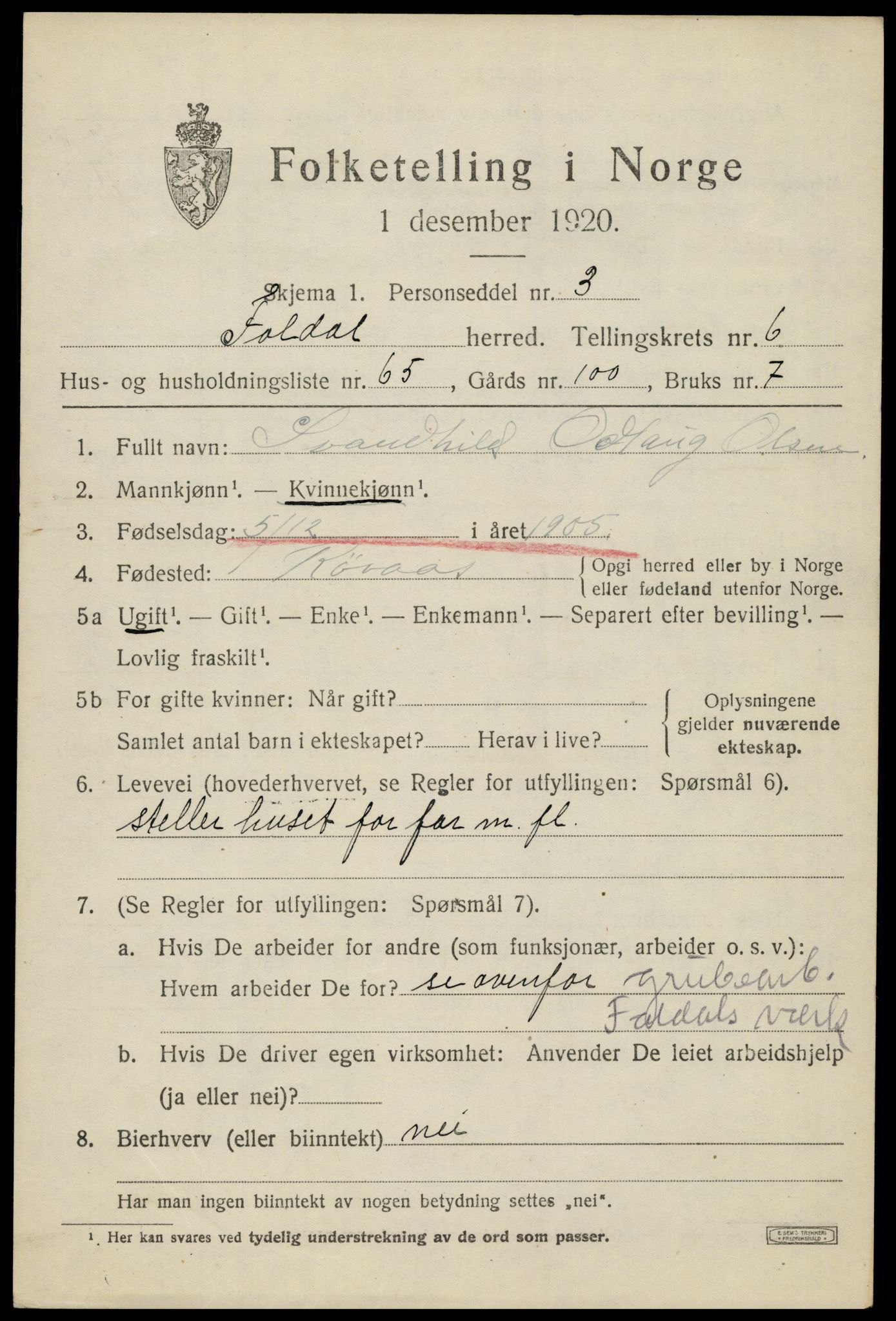 SAH, 1920 census for Folldal, 1920, p. 3913