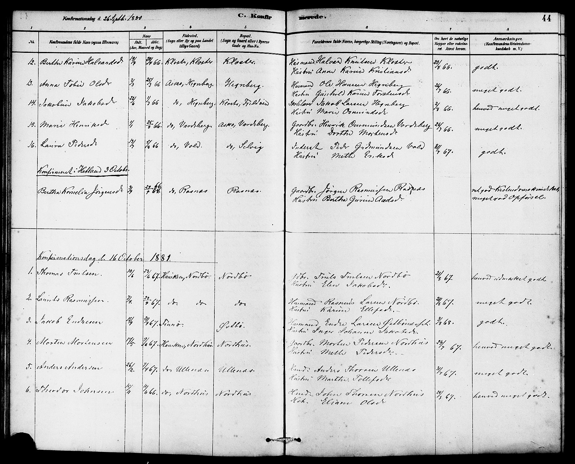 Rennesøy sokneprestkontor, SAST/A -101827/H/Ha/Haa/L0007: Parish register (official) no. A 7, 1878-1884, p. 44