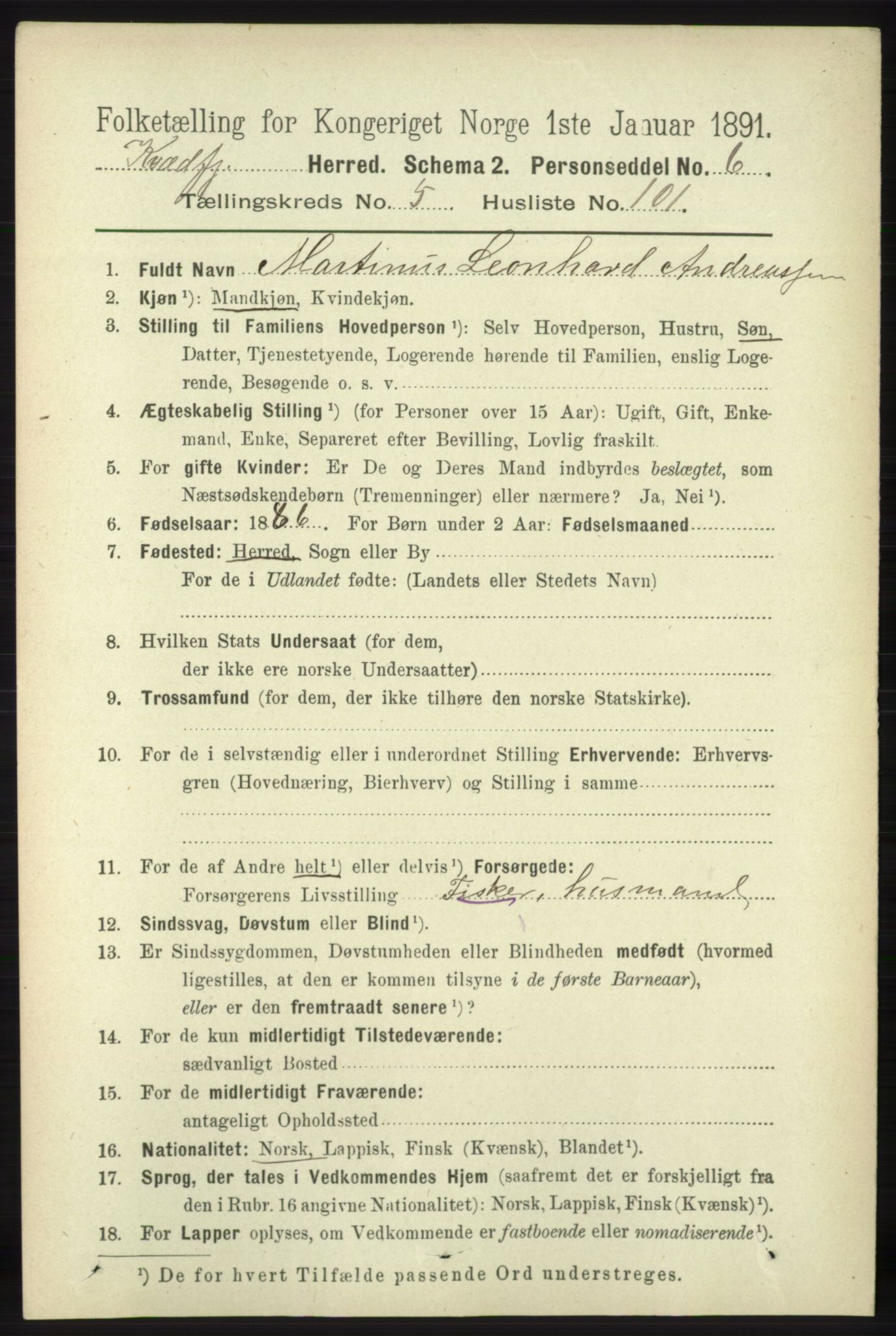 RA, 1891 census for 1911 Kvæfjord, 1891, p. 3479