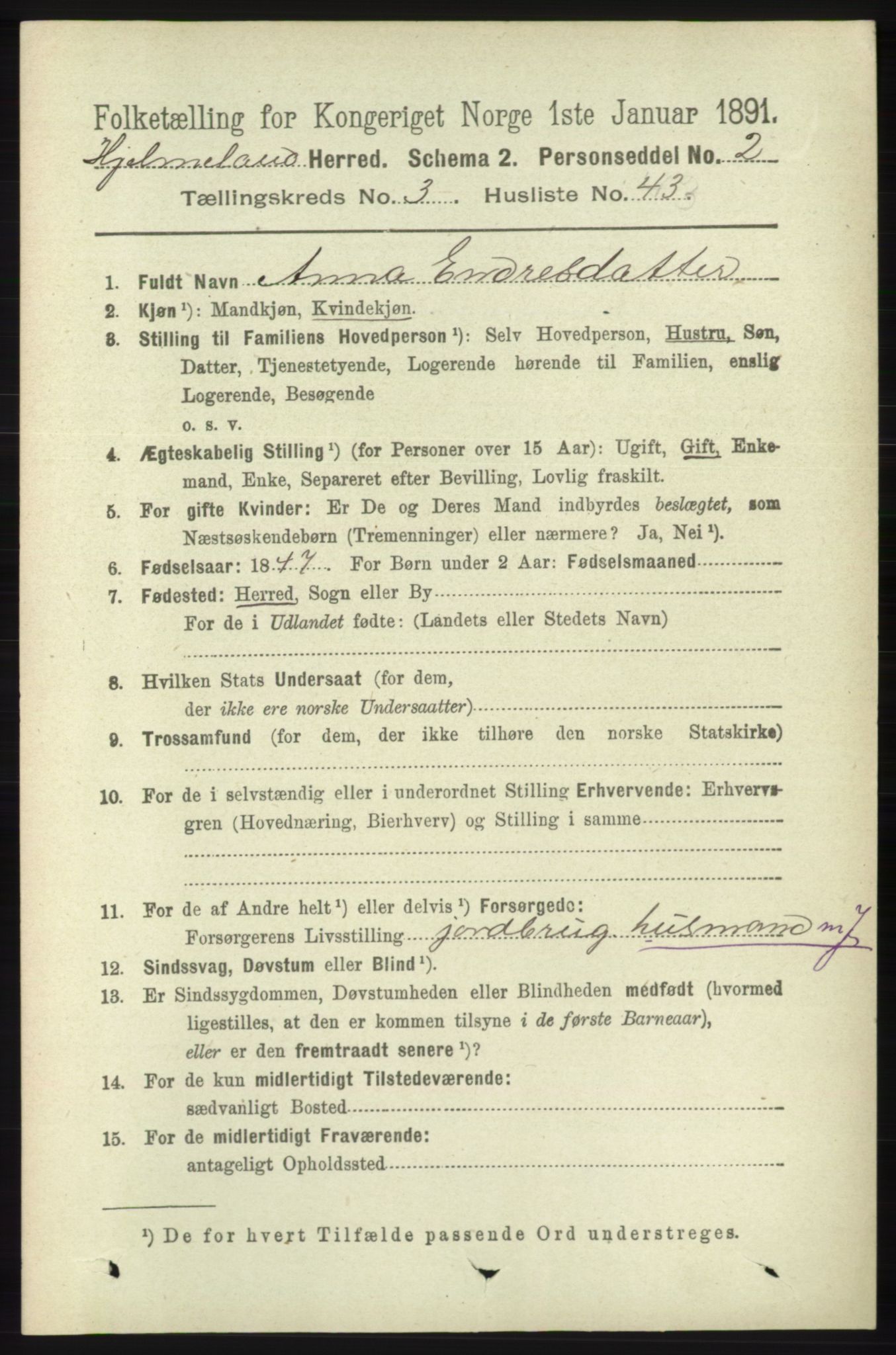 RA, 1891 census for 1133 Hjelmeland, 1891, p. 977