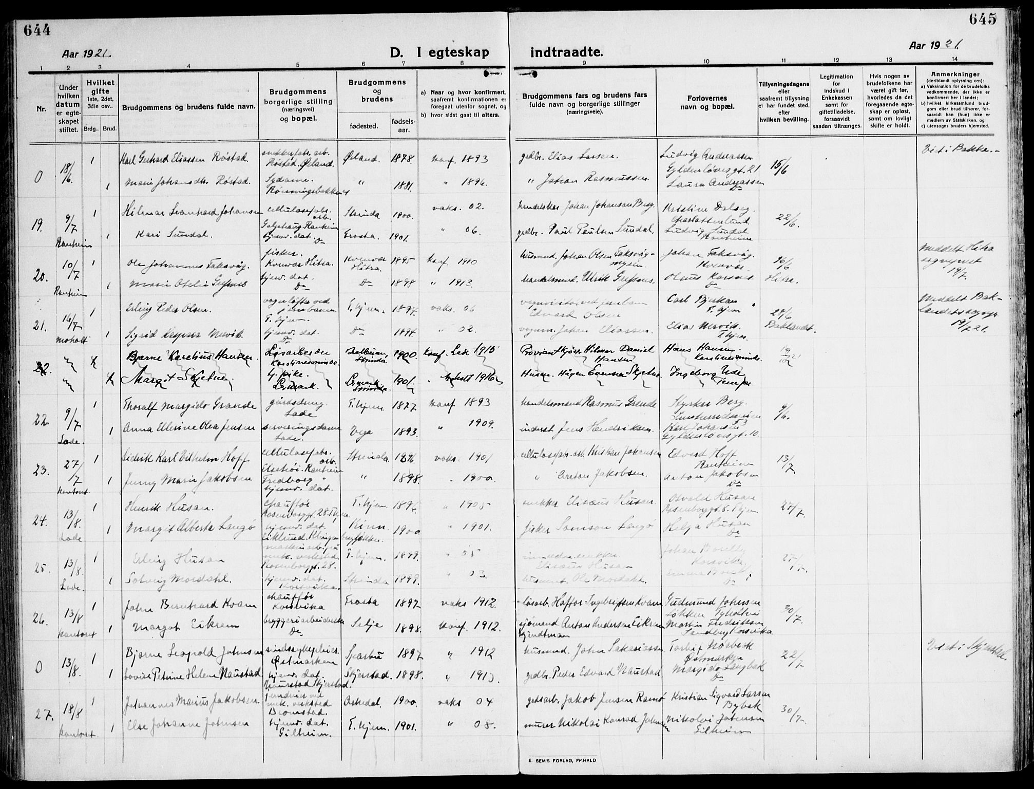 Ministerialprotokoller, klokkerbøker og fødselsregistre - Sør-Trøndelag, AV/SAT-A-1456/607/L0321: Parish register (official) no. 607A05, 1916-1935, p. 644-645