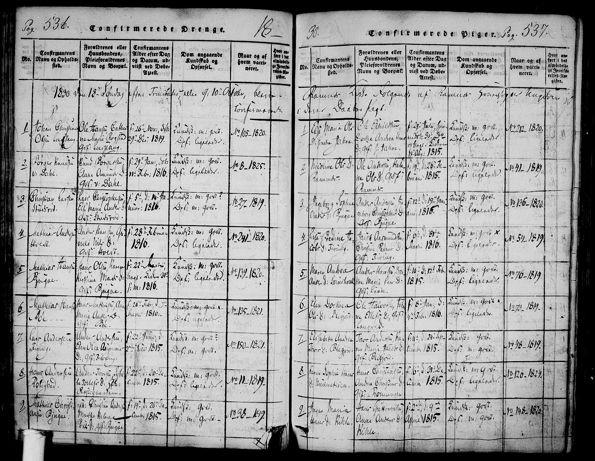 Ramnes kirkebøker, SAKO/A-314/F/Fa/L0004: Parish register (official) no. I 4, 1813-1840, p. 536-537