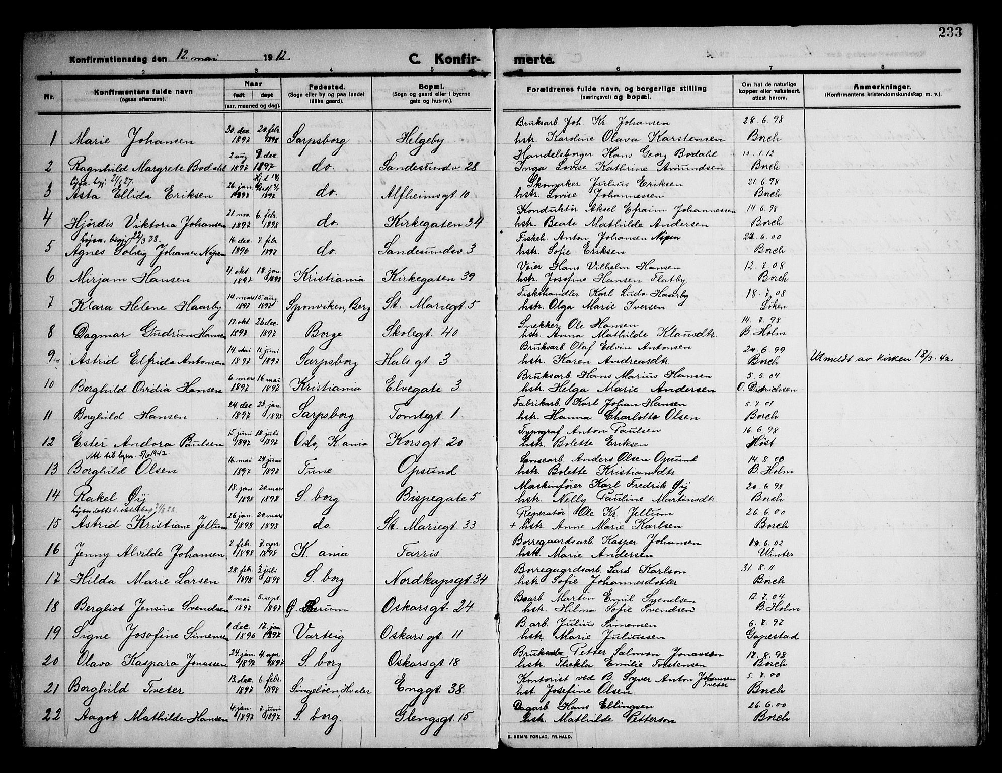 Sarpsborg prestekontor Kirkebøker, AV/SAO-A-2006/F/Fa/L0008: Parish register (official) no. 8, 1910-1920, p. 233