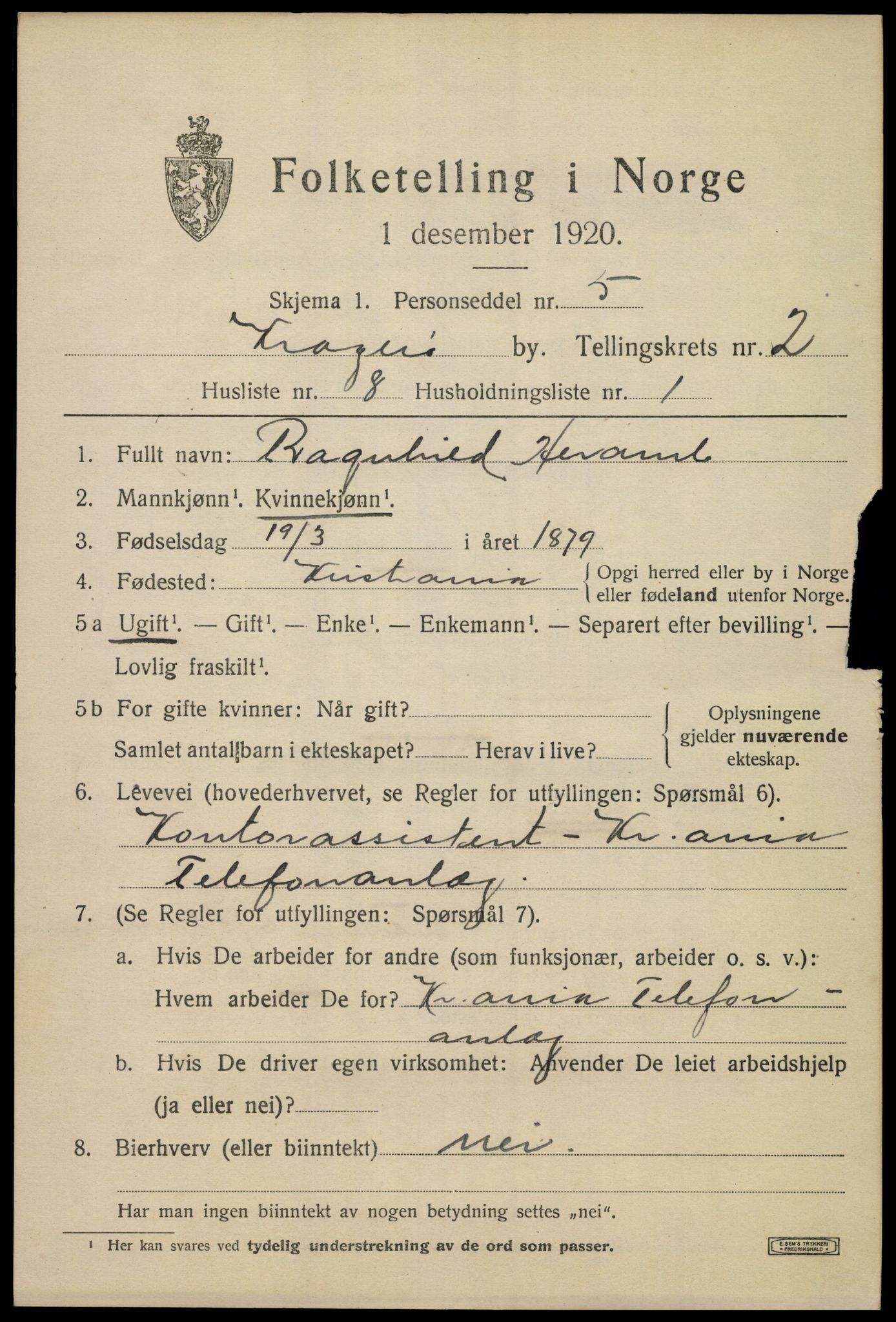 SAKO, 1920 census for Kragerø, 1920, p. 5423