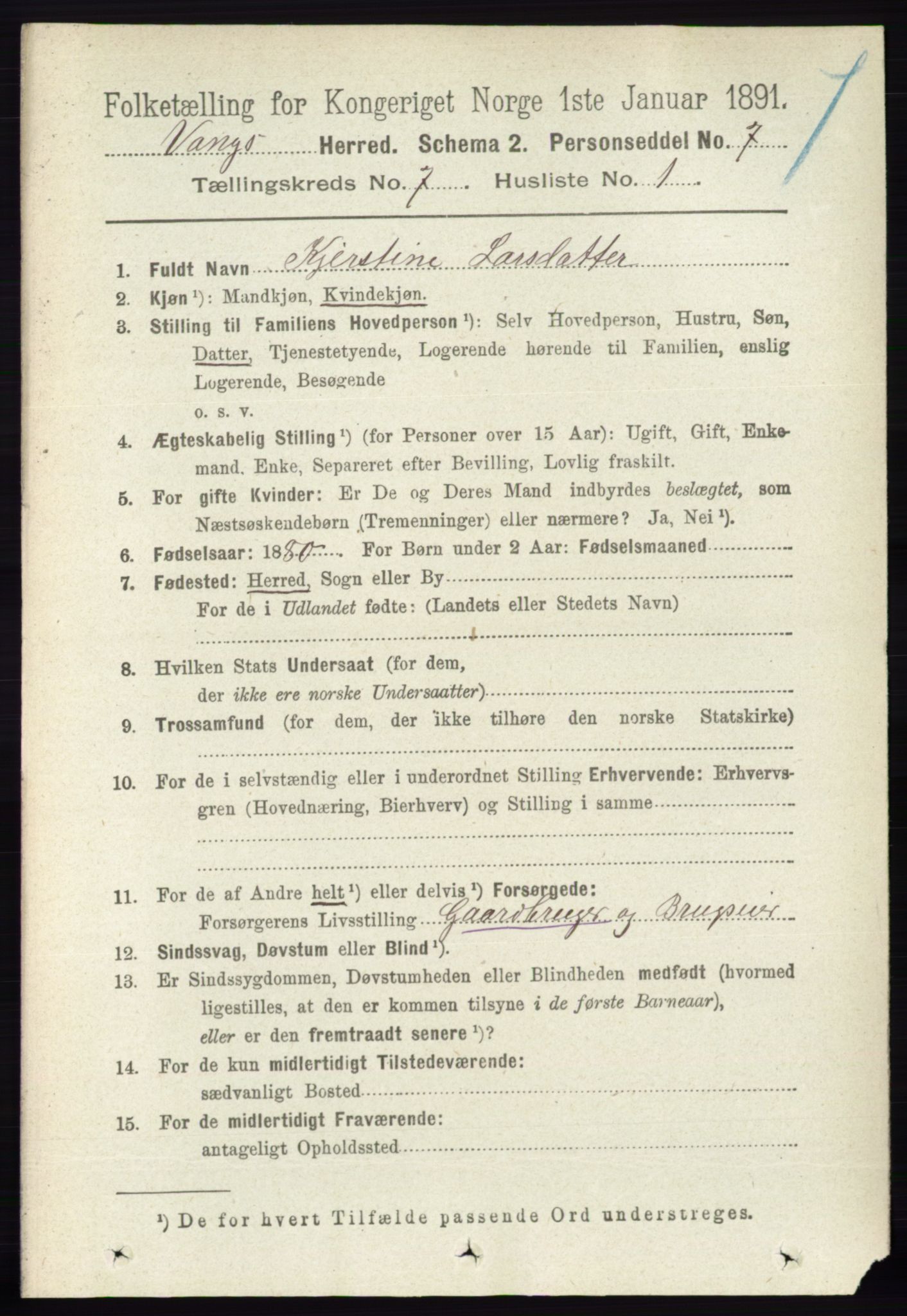 RA, 1891 census for 0414 Vang, 1891, p. 5032