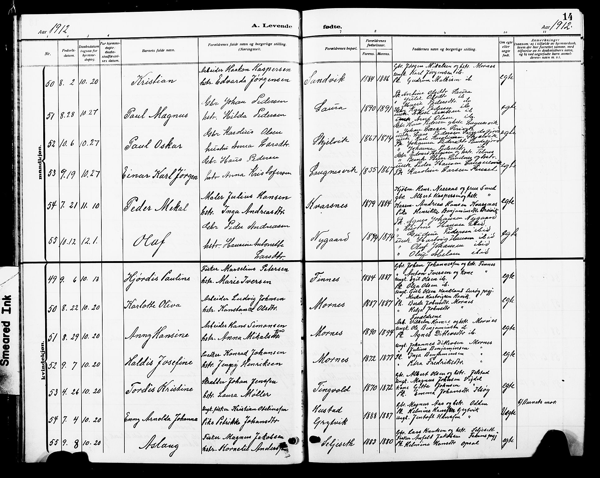 Ministerialprotokoller, klokkerbøker og fødselsregistre - Nordland, AV/SAT-A-1459/805/L0110: Parish register (copy) no. 805C06, 1909-1924, p. 14