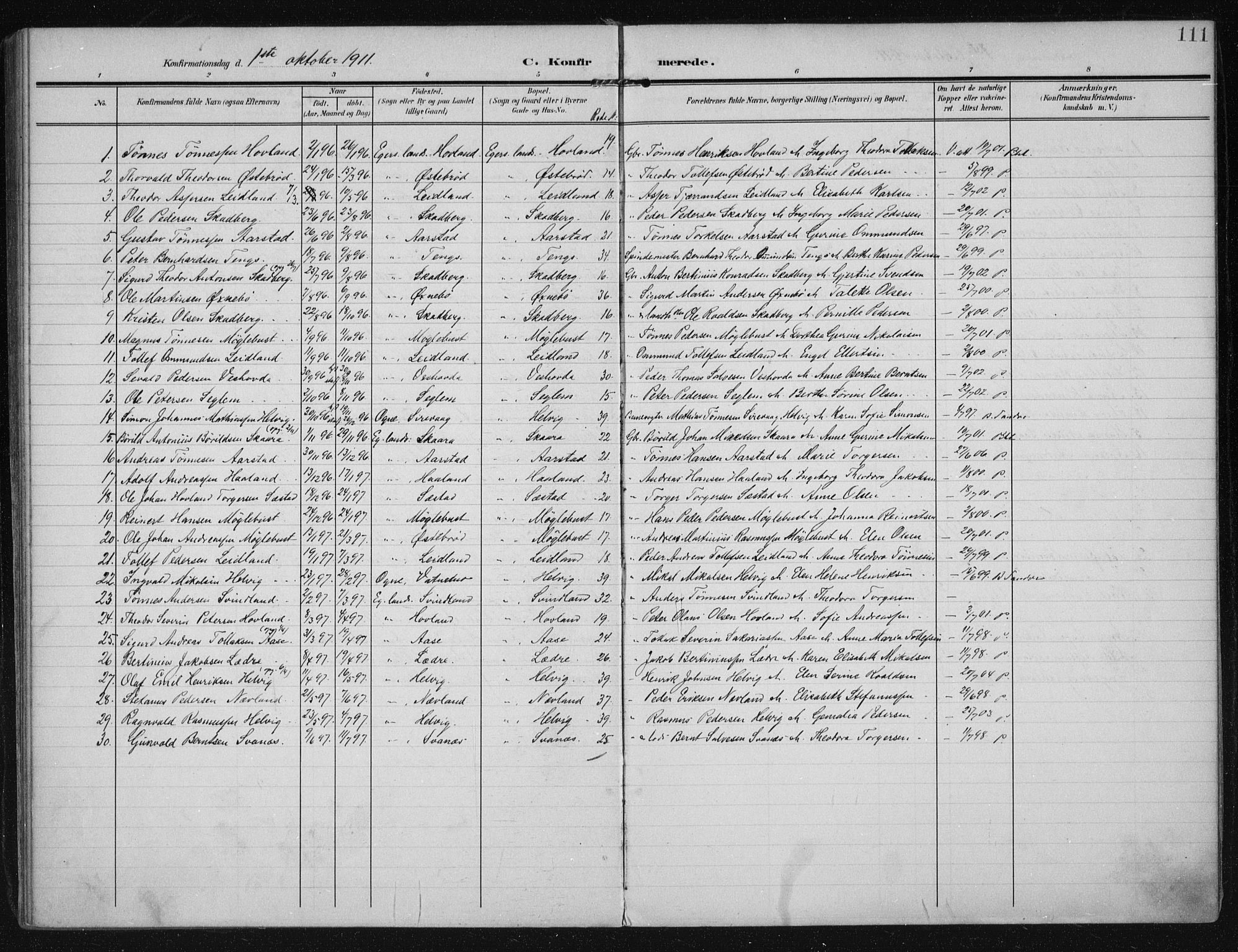 Eigersund sokneprestkontor, SAST/A-101807/S08/L0021: Parish register (official) no. A 20, 1906-1928, p. 111