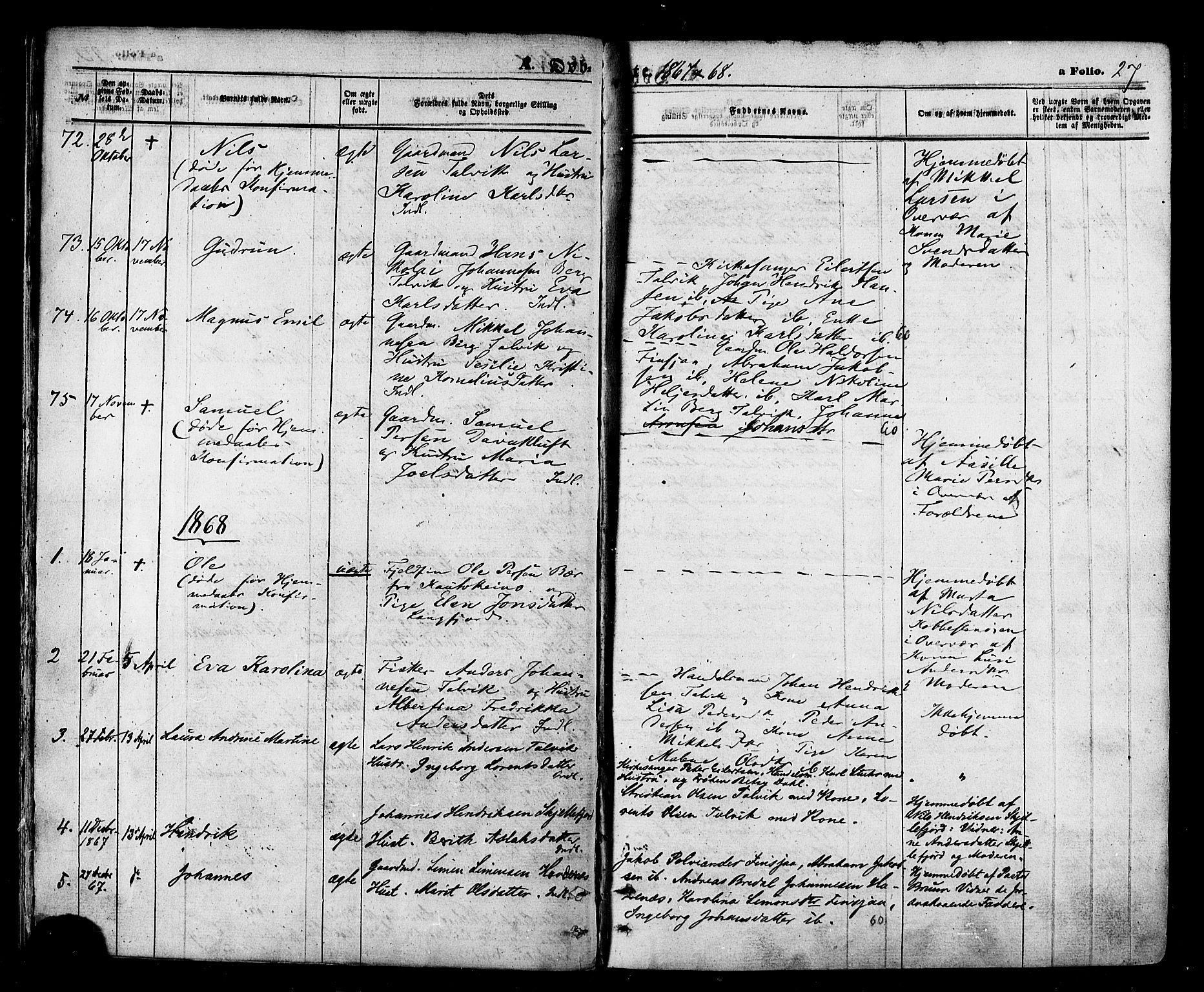 Talvik sokneprestkontor, SATØ/S-1337/H/Ha/L0011kirke: Parish register (official) no. 11, 1864-1877, p. 27