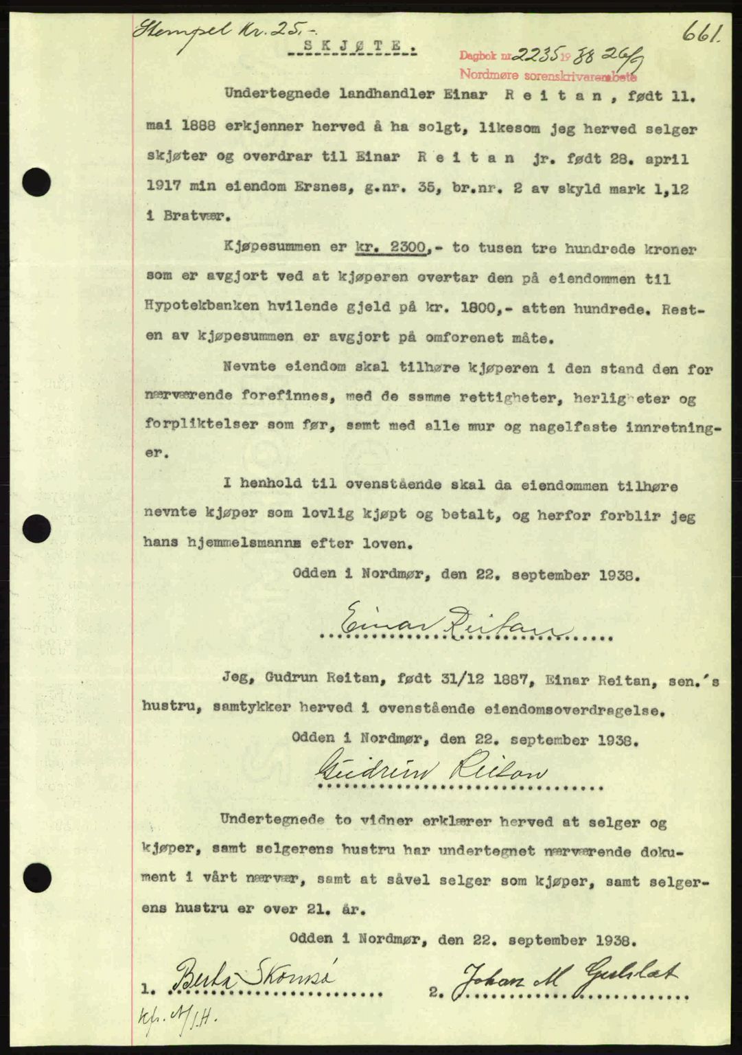 Nordmøre sorenskriveri, SAT/A-4132/1/2/2Ca: Mortgage book no. A84, 1938-1938, Diary no: : 2235/1938