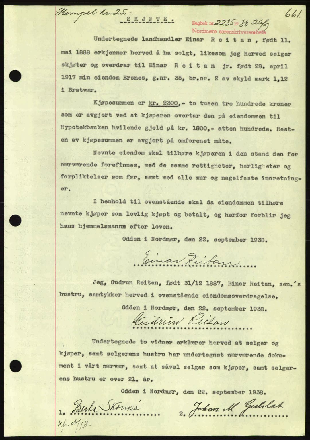Nordmøre sorenskriveri, AV/SAT-A-4132/1/2/2Ca: Mortgage book no. A84, 1938-1938, Diary no: : 2235/1938
