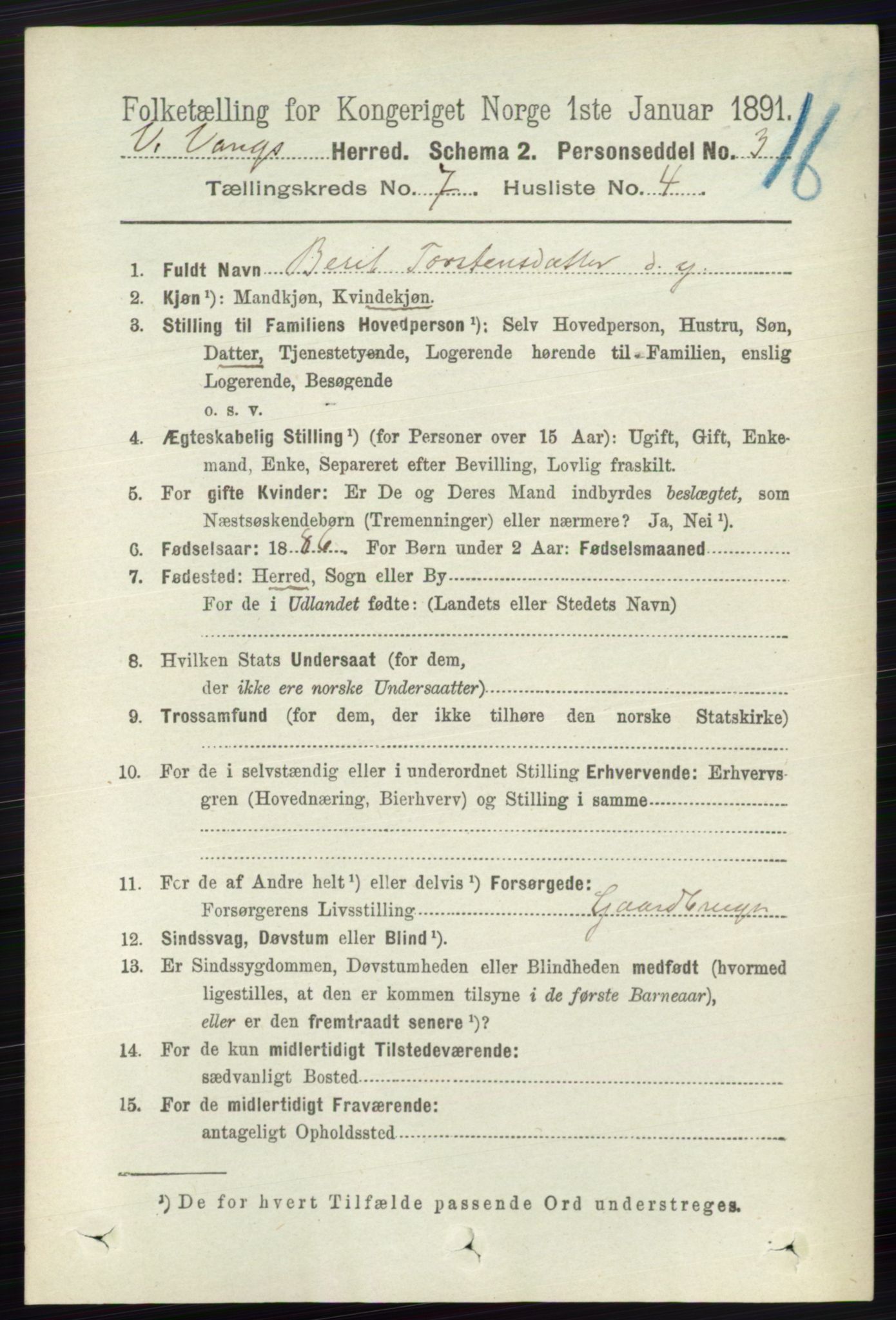 RA, 1891 census for 0545 Vang, 1891, p. 1441