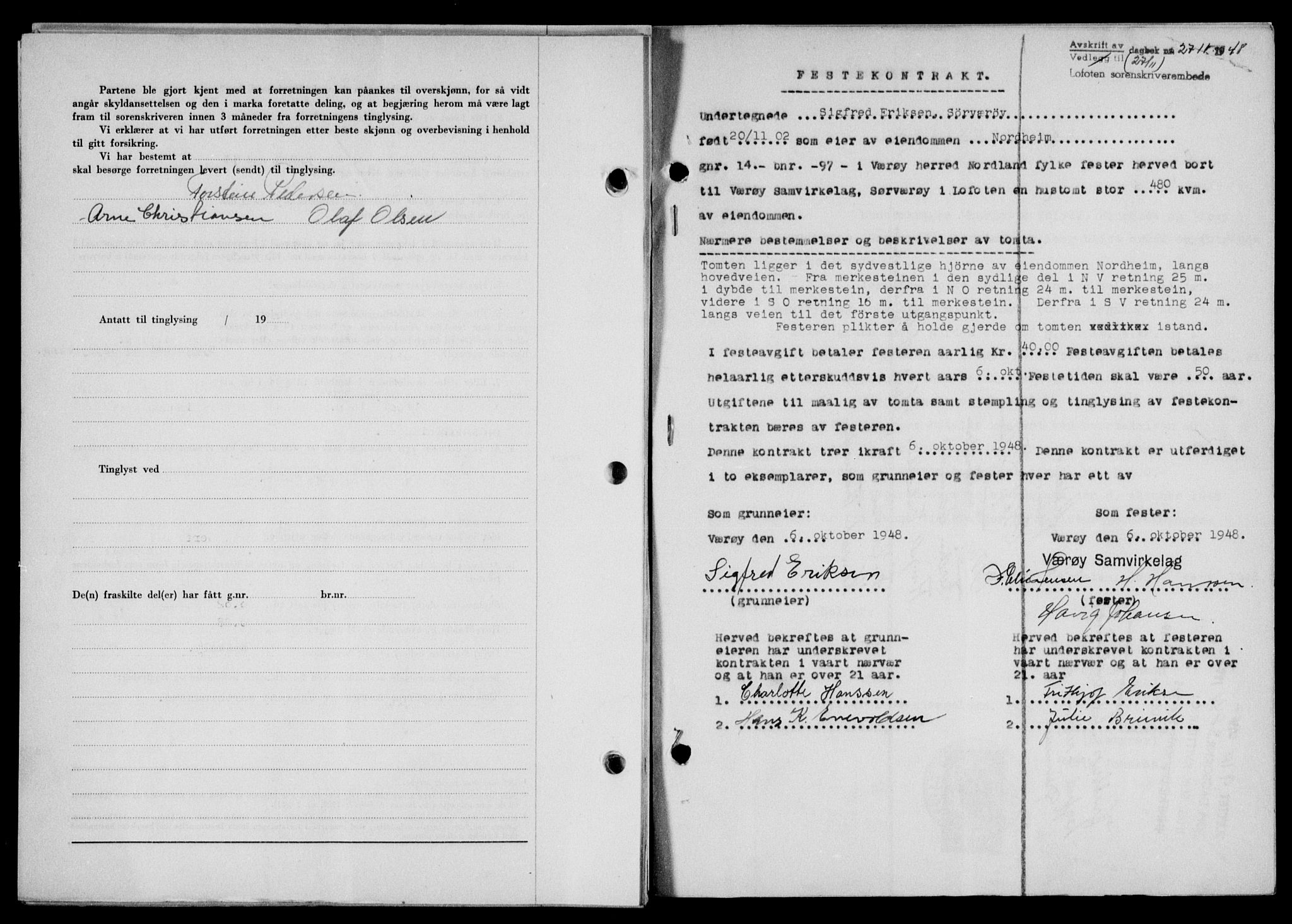 Lofoten sorenskriveri, SAT/A-0017/1/2/2C/L0019a: Mortgage book no. 19a, 1948-1948, Diary no: : 2711/1948