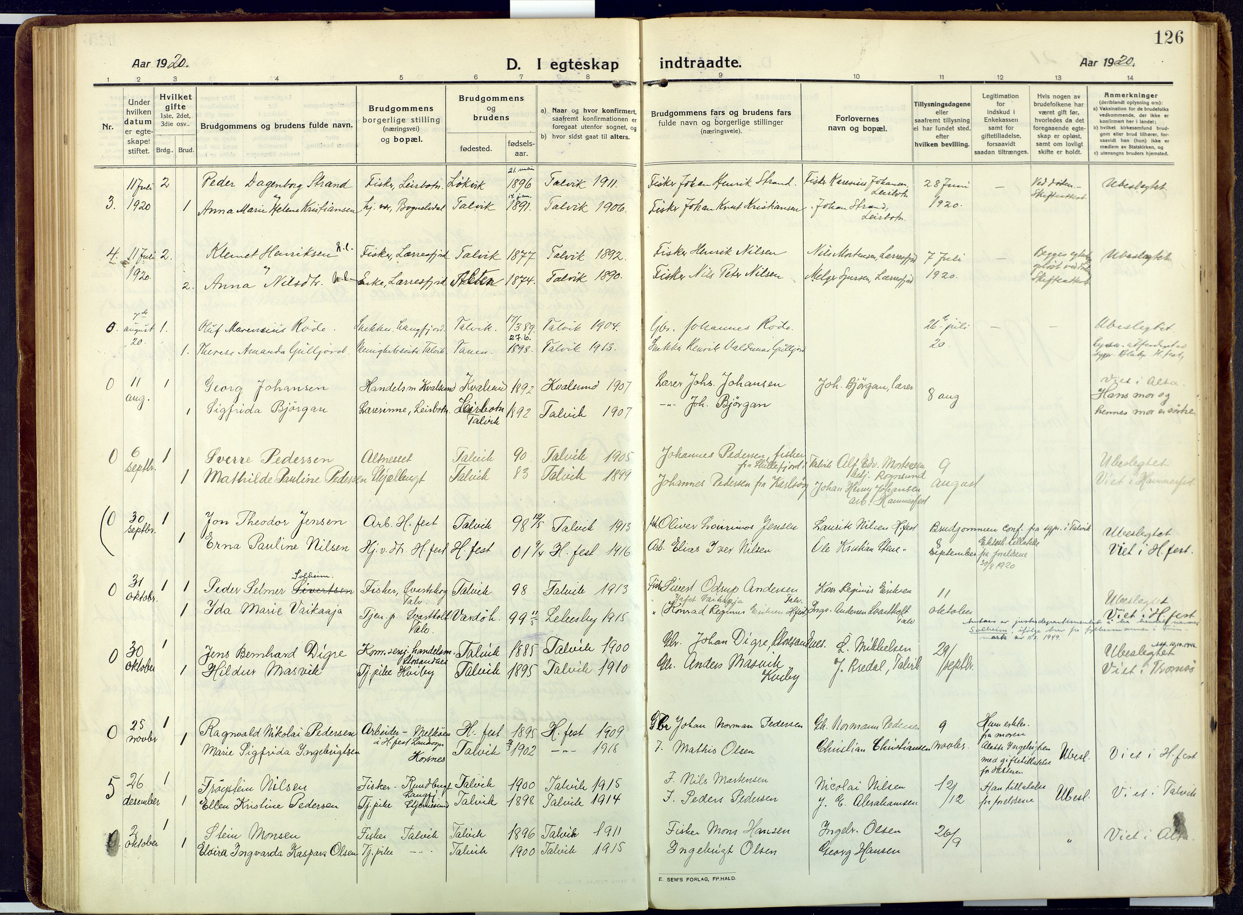 Talvik sokneprestkontor, SATØ/S-1337/H/Ha/L0018kirke: Parish register (official) no. 18, 1915-1924, p. 126
