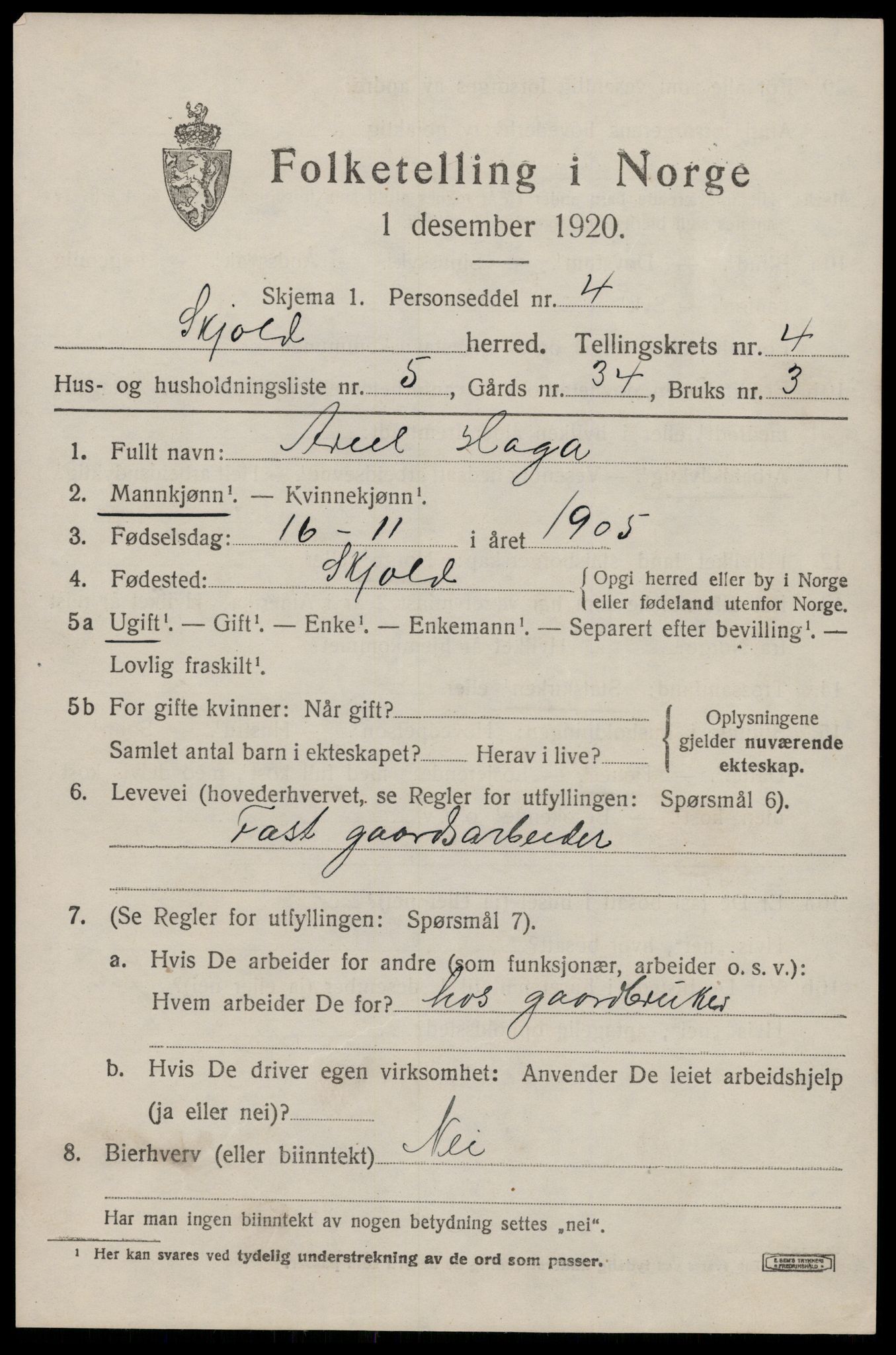 SAST, 1920 census for Skjold, 1920, p. 2382