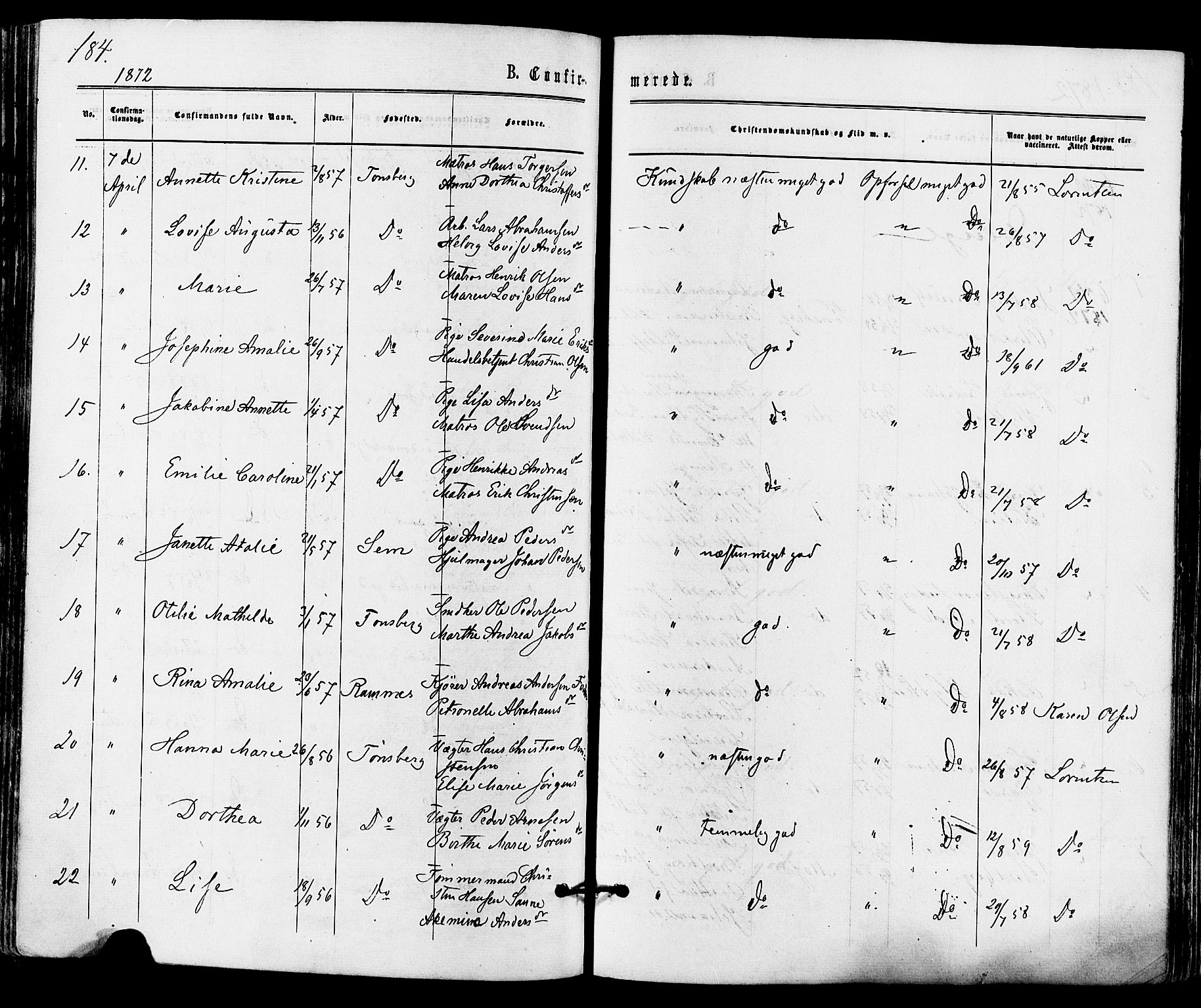 Tønsberg kirkebøker, AV/SAKO-A-330/F/Fa/L0009: Parish register (official) no. I 9, 1865-1873, p. 184