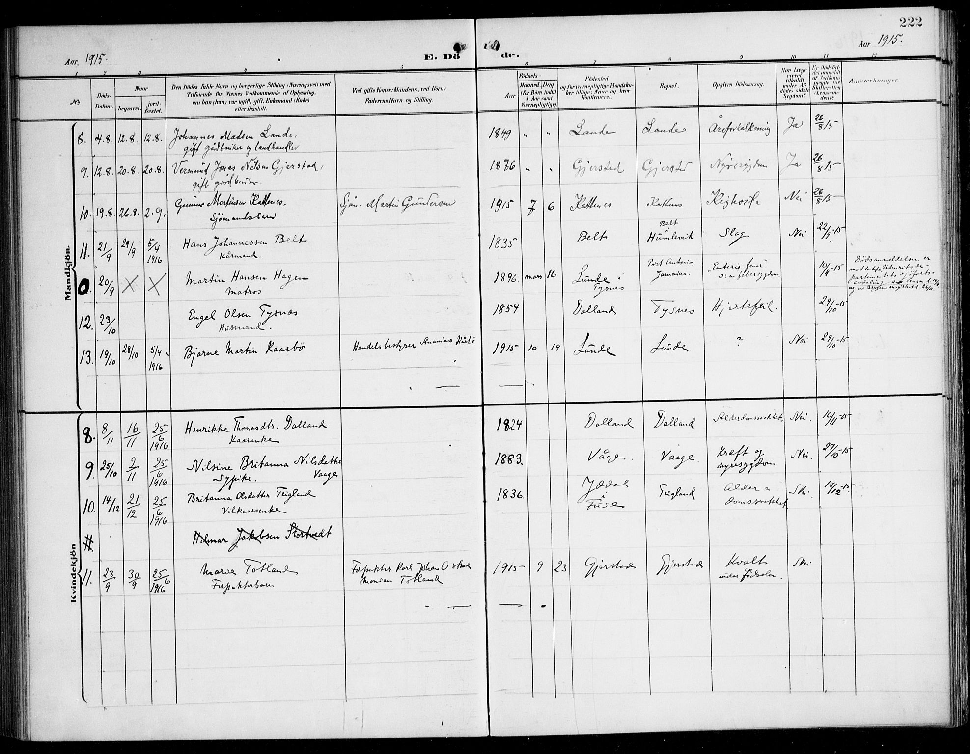 Tysnes sokneprestembete, SAB/A-78601/H/Haa: Parish register (official) no. B 2, 1907-1925, p. 222