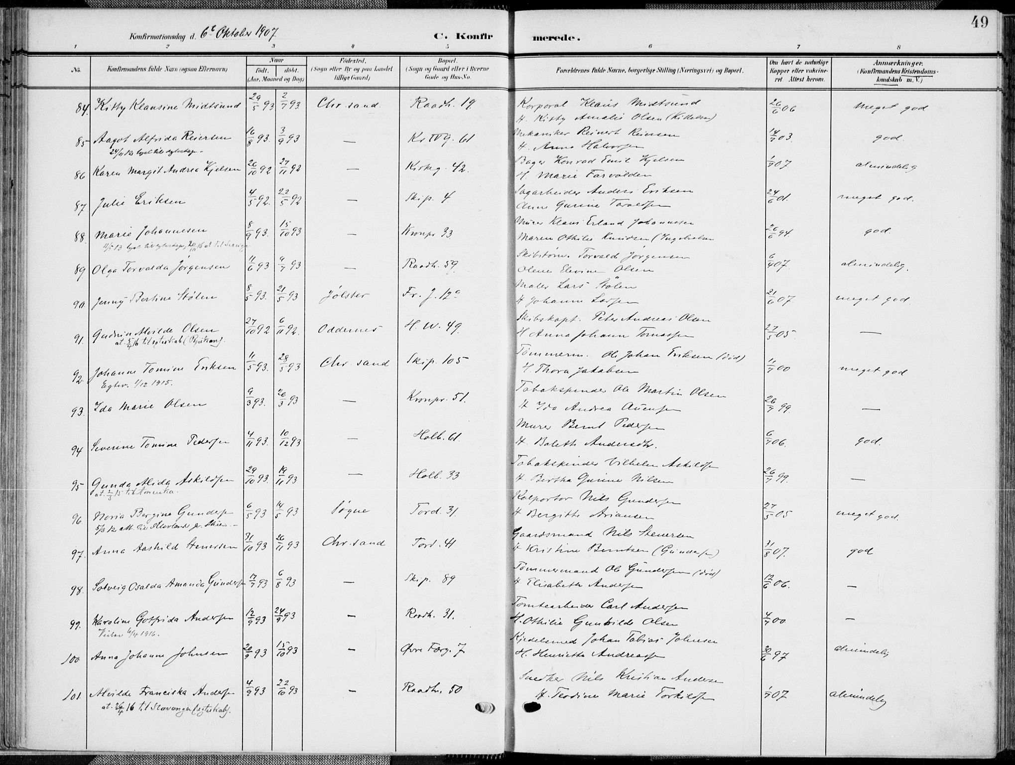 Kristiansand domprosti, AV/SAK-1112-0006/F/Fa/L0022: Parish register (official) no. A 21, 1905-1916, p. 49