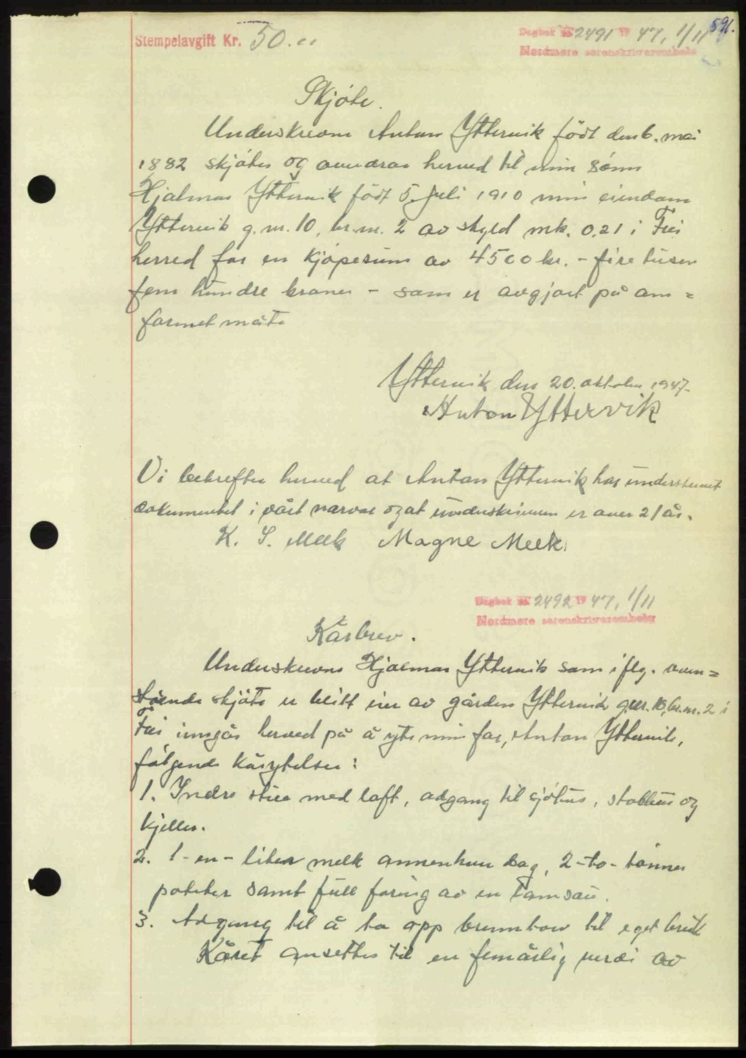 Nordmøre sorenskriveri, AV/SAT-A-4132/1/2/2Ca: Mortgage book no. A106, 1947-1947, Diary no: : 2491/1947