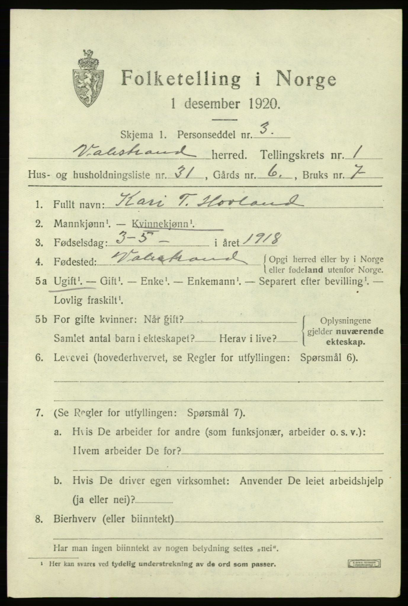 SAB, 1920 census for Valestrand, 1920, p. 807