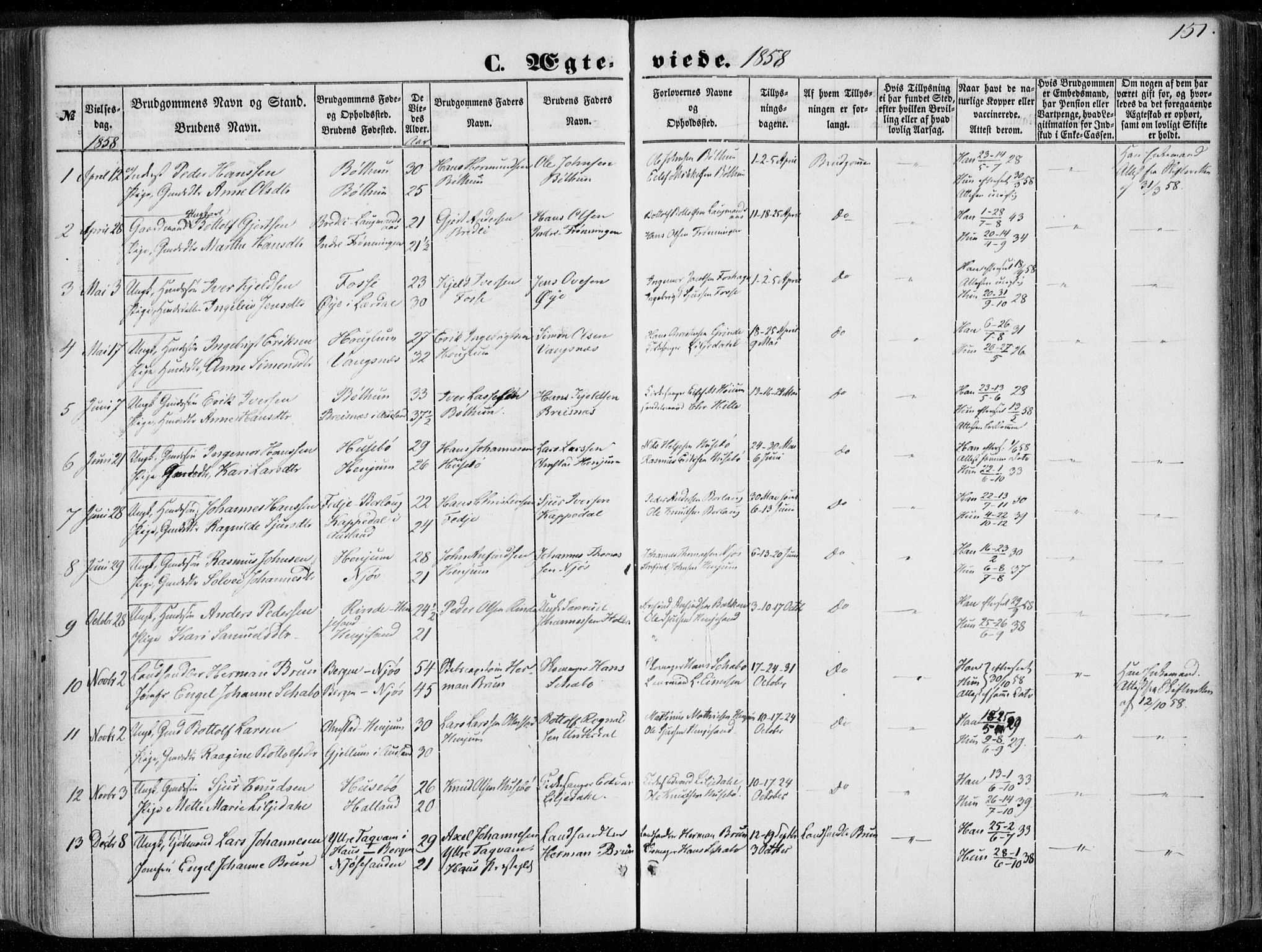 Leikanger sokneprestembete, AV/SAB-A-81001/H/Haa/Haaa/L0008: Parish register (official) no. A 8, 1852-1868, p. 151