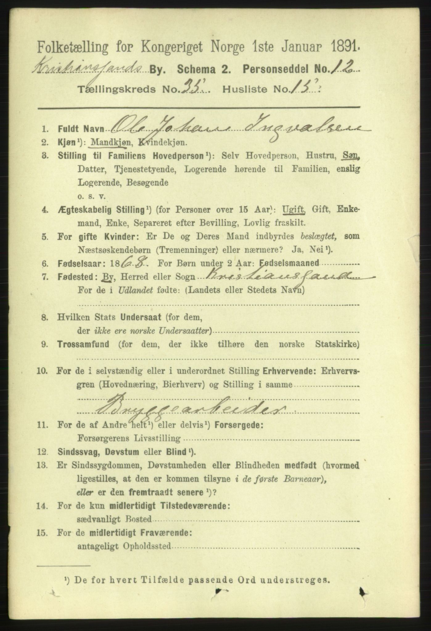 RA, 1891 census for 1001 Kristiansand, 1891, p. 11220