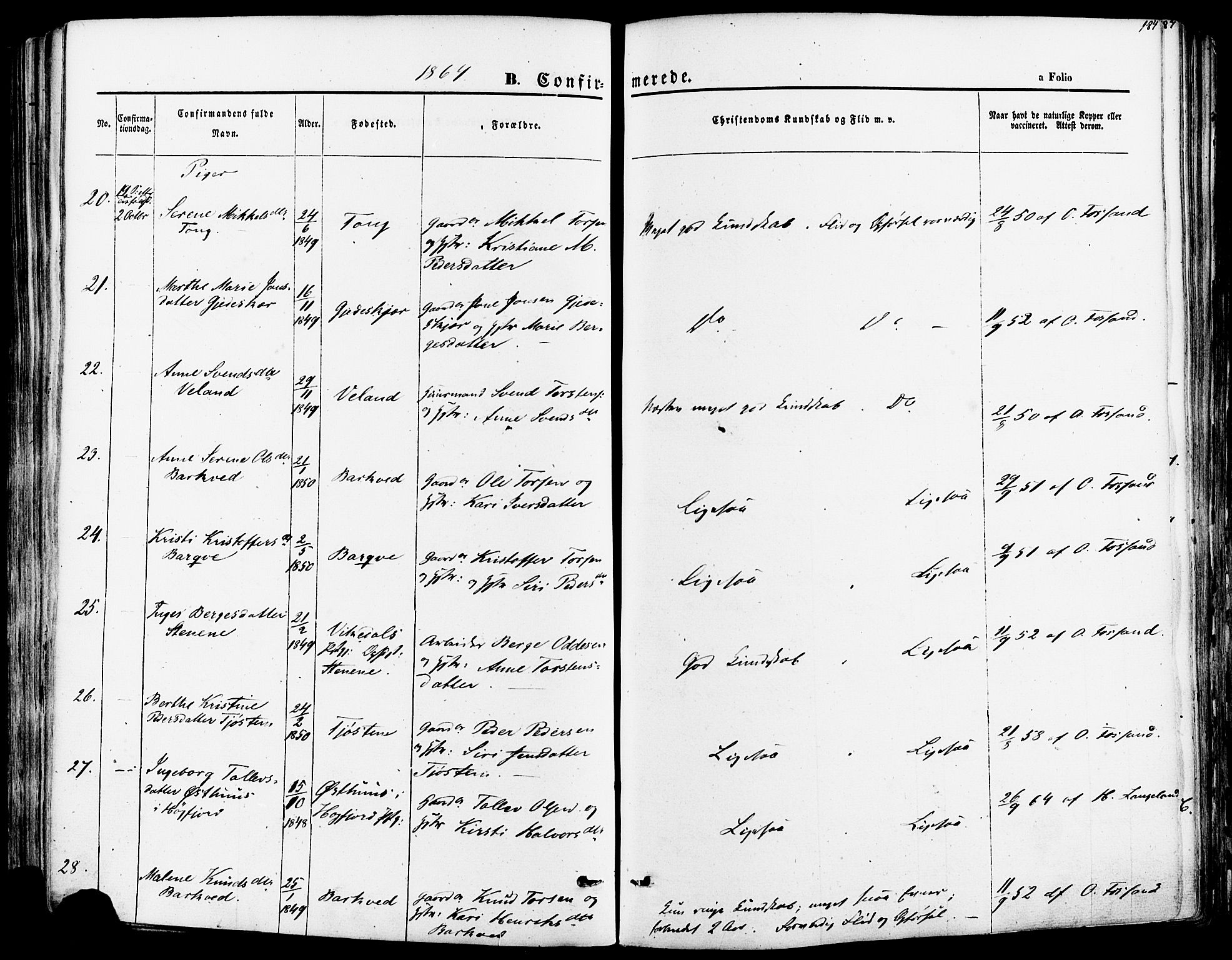 Strand sokneprestkontor, SAST/A-101828/H/Ha/Haa/L0007: Parish register (official) no. A 7, 1855-1881, p. 184