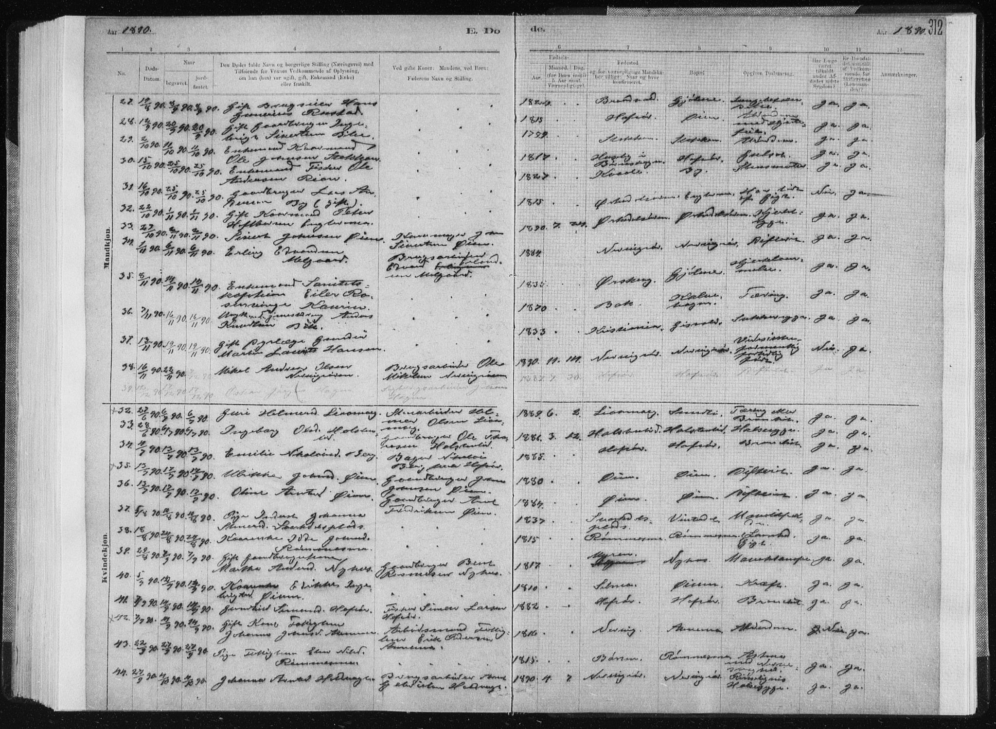 Ministerialprotokoller, klokkerbøker og fødselsregistre - Sør-Trøndelag, AV/SAT-A-1456/668/L0818: Parish register (copy) no. 668C07, 1885-1898, p. 312