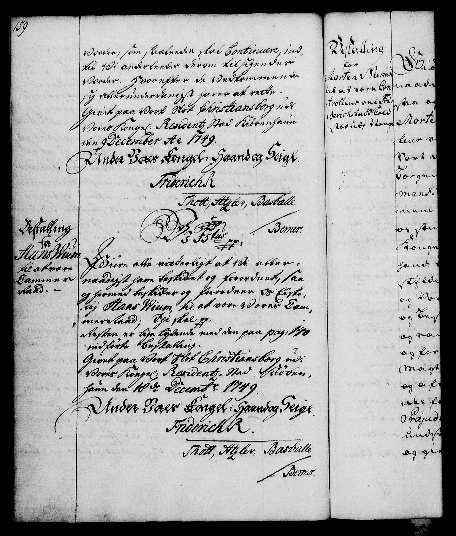 Rentekammeret, Kammerkanselliet, RA/EA-3111/G/Gg/Gge/L0003: Norsk bestallingsprotokoll med register (merket RK 53.27), 1745-1761, p. 159