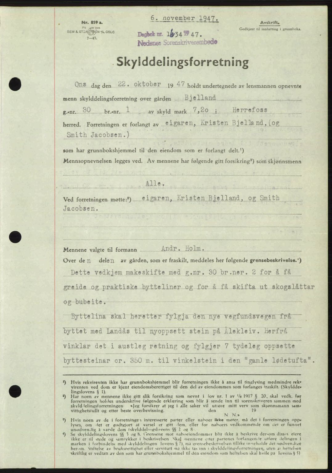 Nedenes sorenskriveri, AV/SAK-1221-0006/G/Gb/Gba/L0058: Mortgage book no. A10, 1947-1948, Diary no: : 1634/1947