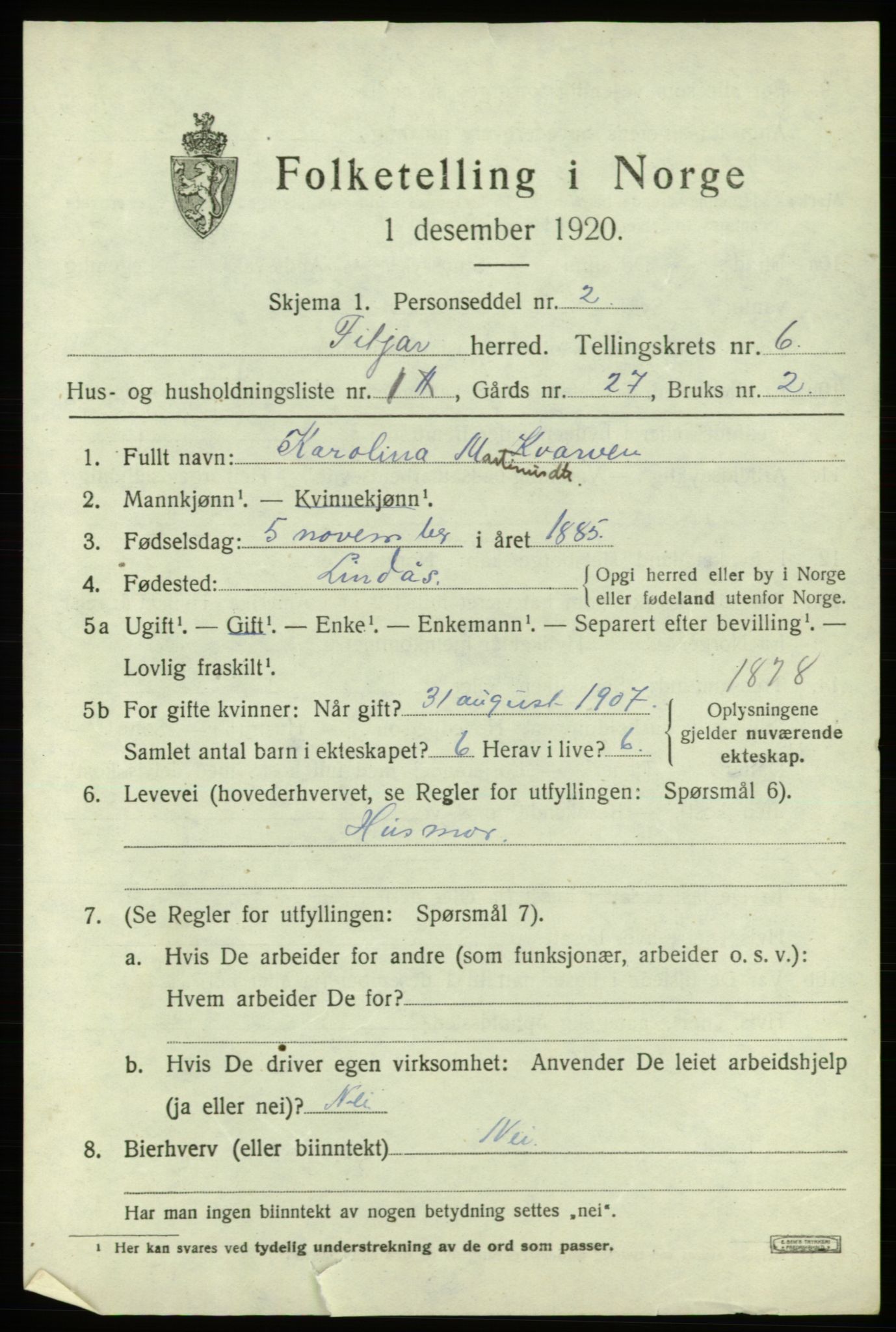 SAB, 1920 census for Fitjar, 1920, p. 2754