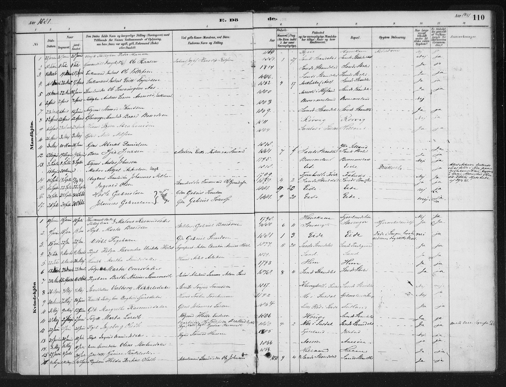 Sand sokneprestkontor, AV/SAST-A-101848/01/III/L0005: Parish register (official) no. A 5, 1880-1898, p. 110