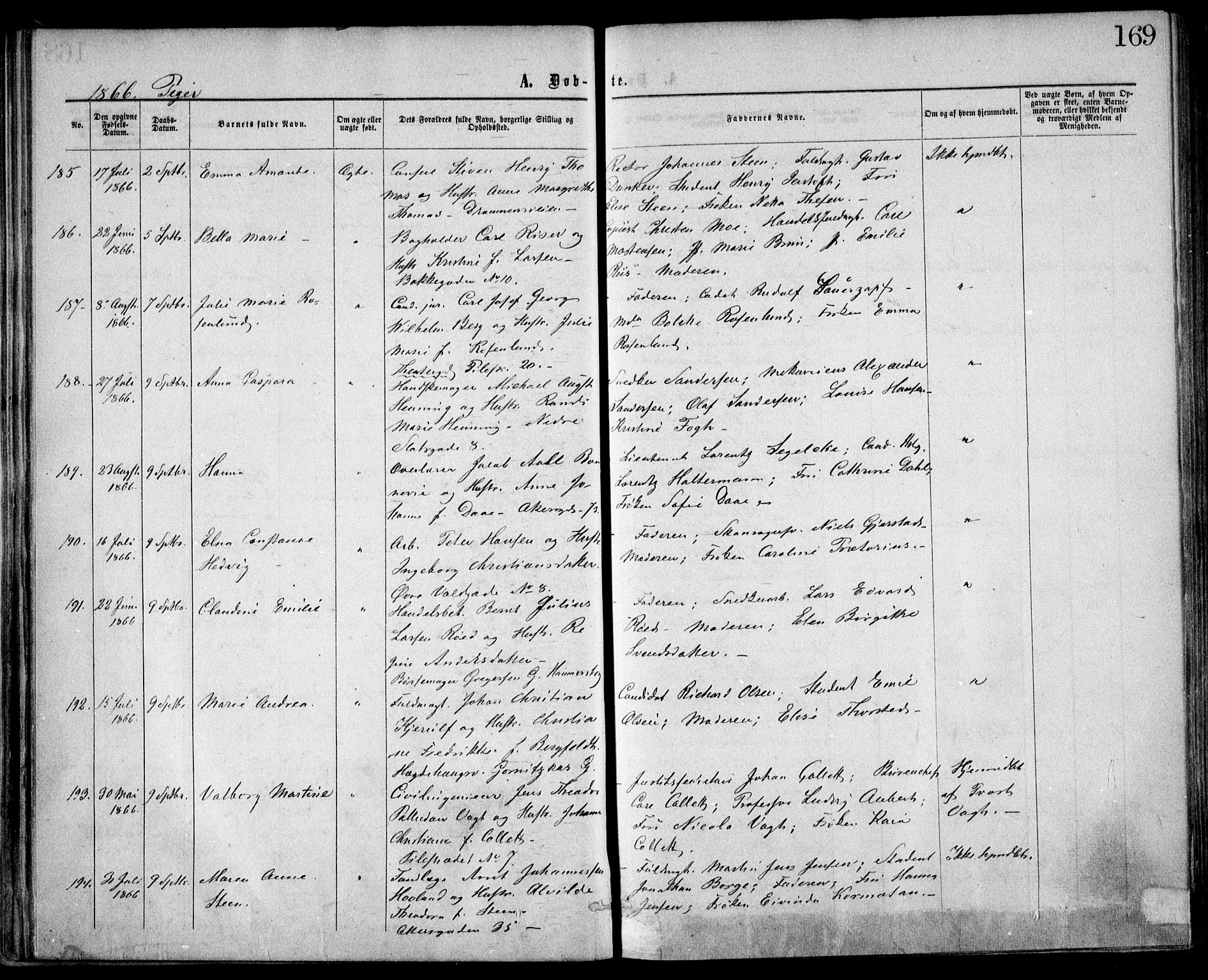 Trefoldighet prestekontor Kirkebøker, AV/SAO-A-10882/F/Fa/L0002: Parish register (official) no. I 2, 1863-1870, p. 169