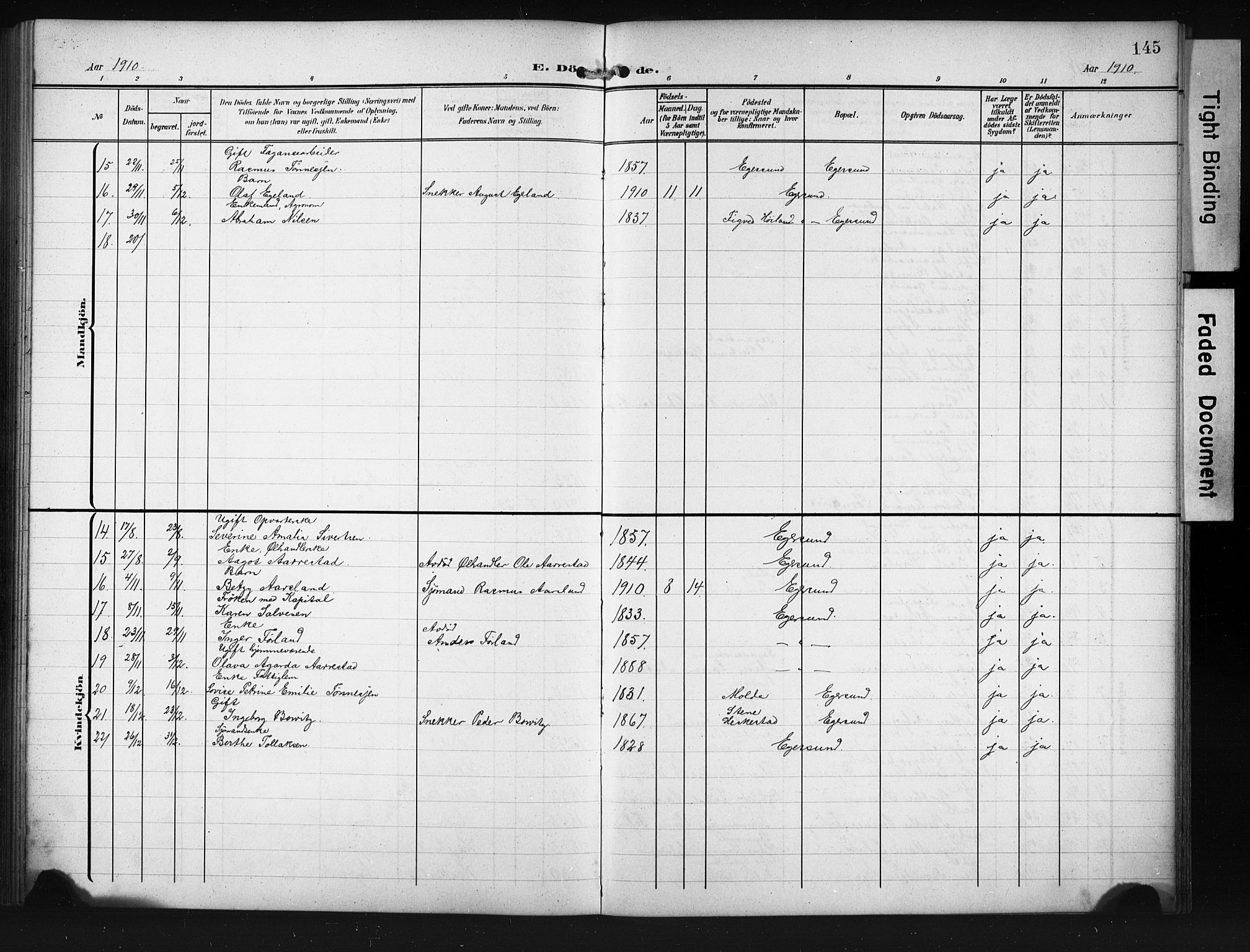 Eigersund sokneprestkontor, SAST/A-101807/S09/L0012: Parish register (copy) no. B 12, 1908-1930, p. 145