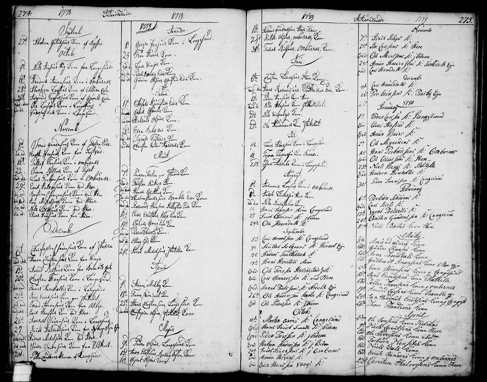 Bamble kirkebøker, SAKO/A-253/F/Fa/L0002: Parish register (official) no. I 2, 1775-1814, p. 274-275