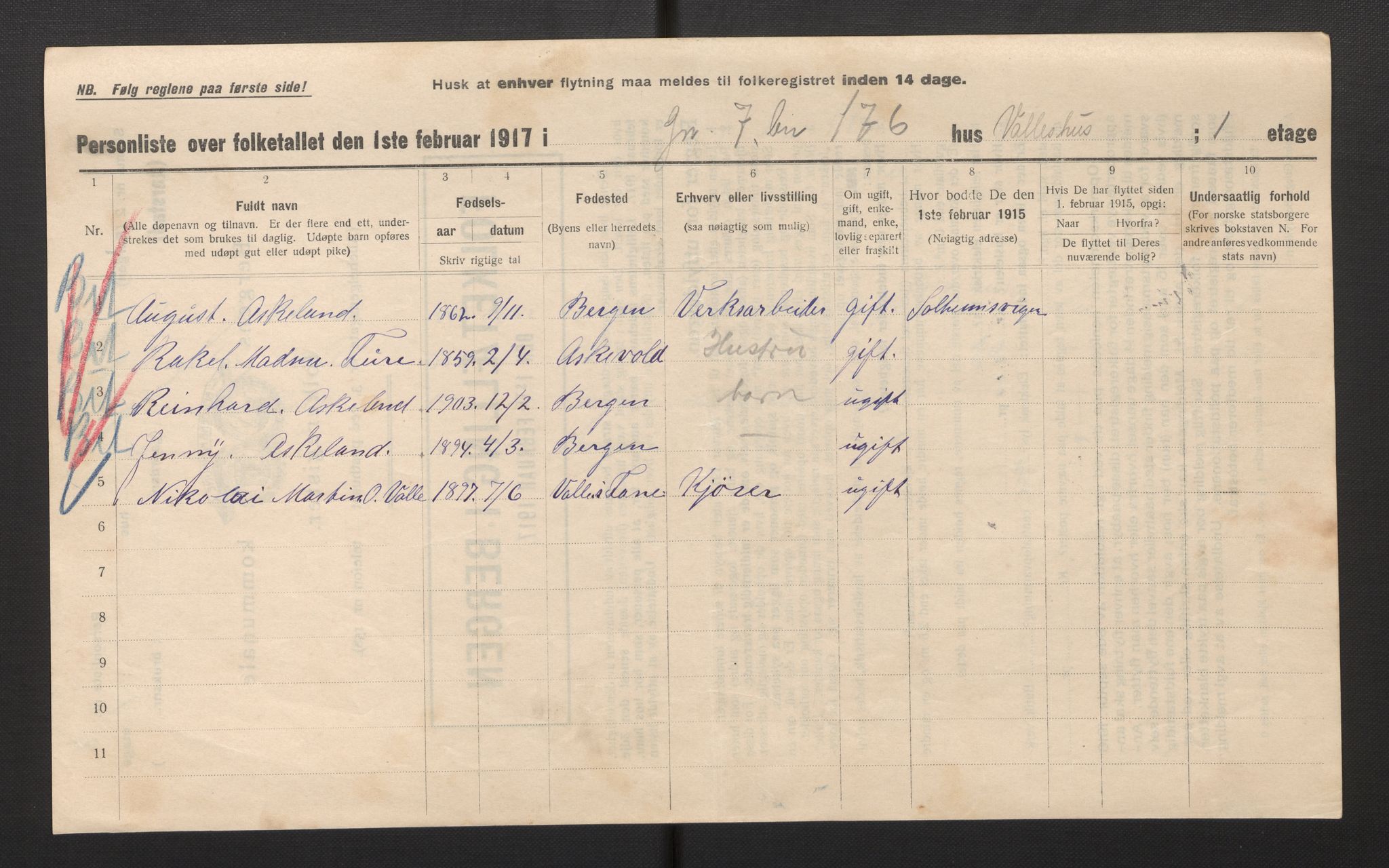 SAB, Municipal Census 1917 for Bergen, 1917, p. 49482