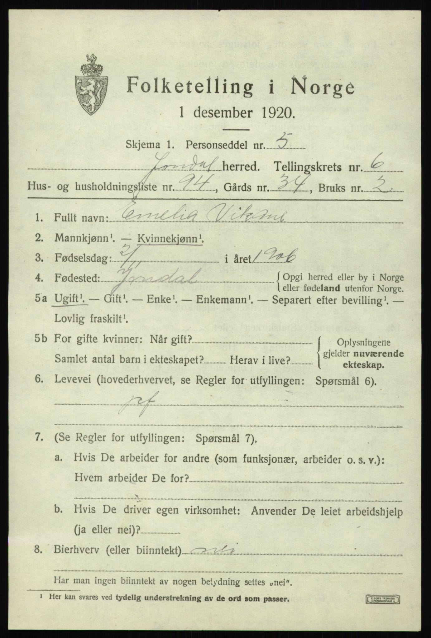 SAB, 1920 census for Jondal, 1920, p. 3740