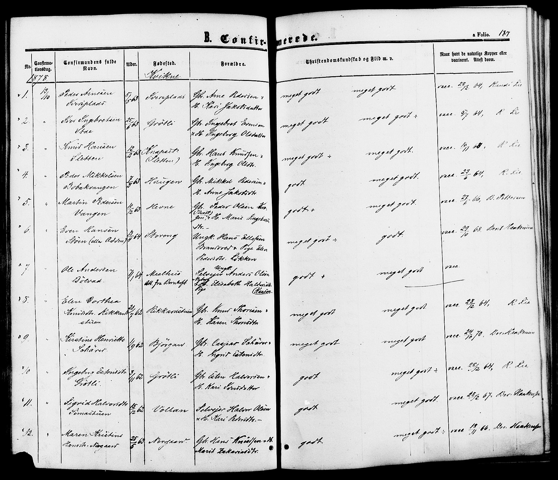 Kvikne prestekontor, SAH/PREST-064/H/Ha/Haa/L0006: Parish register (official) no. 6, 1863-1886, p. 187