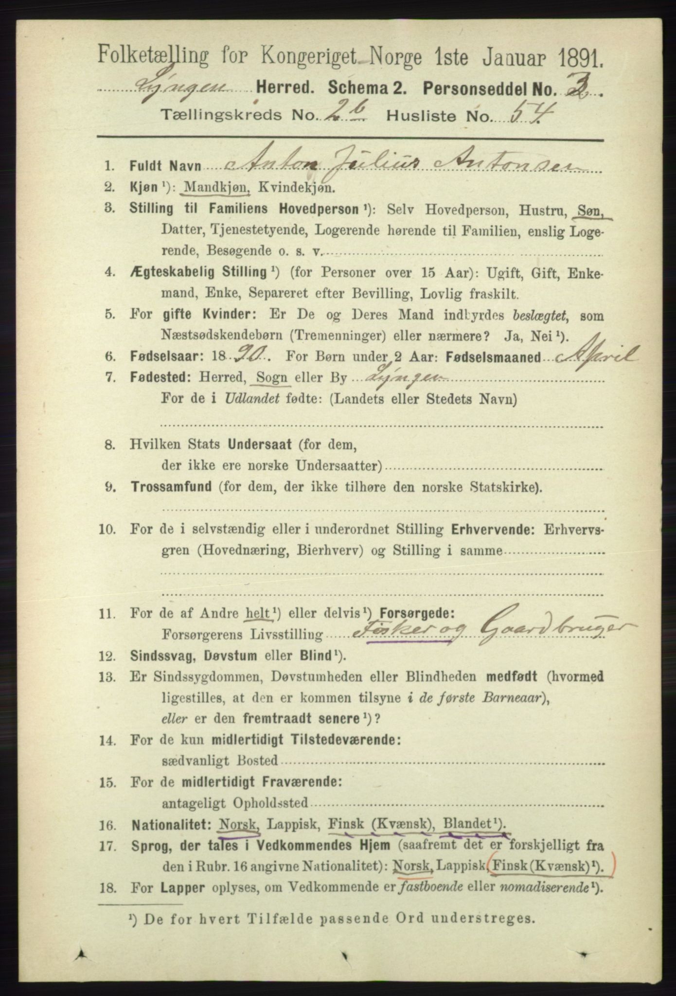 RA, 1891 census for 1938 Lyngen, 1891, p. 2838