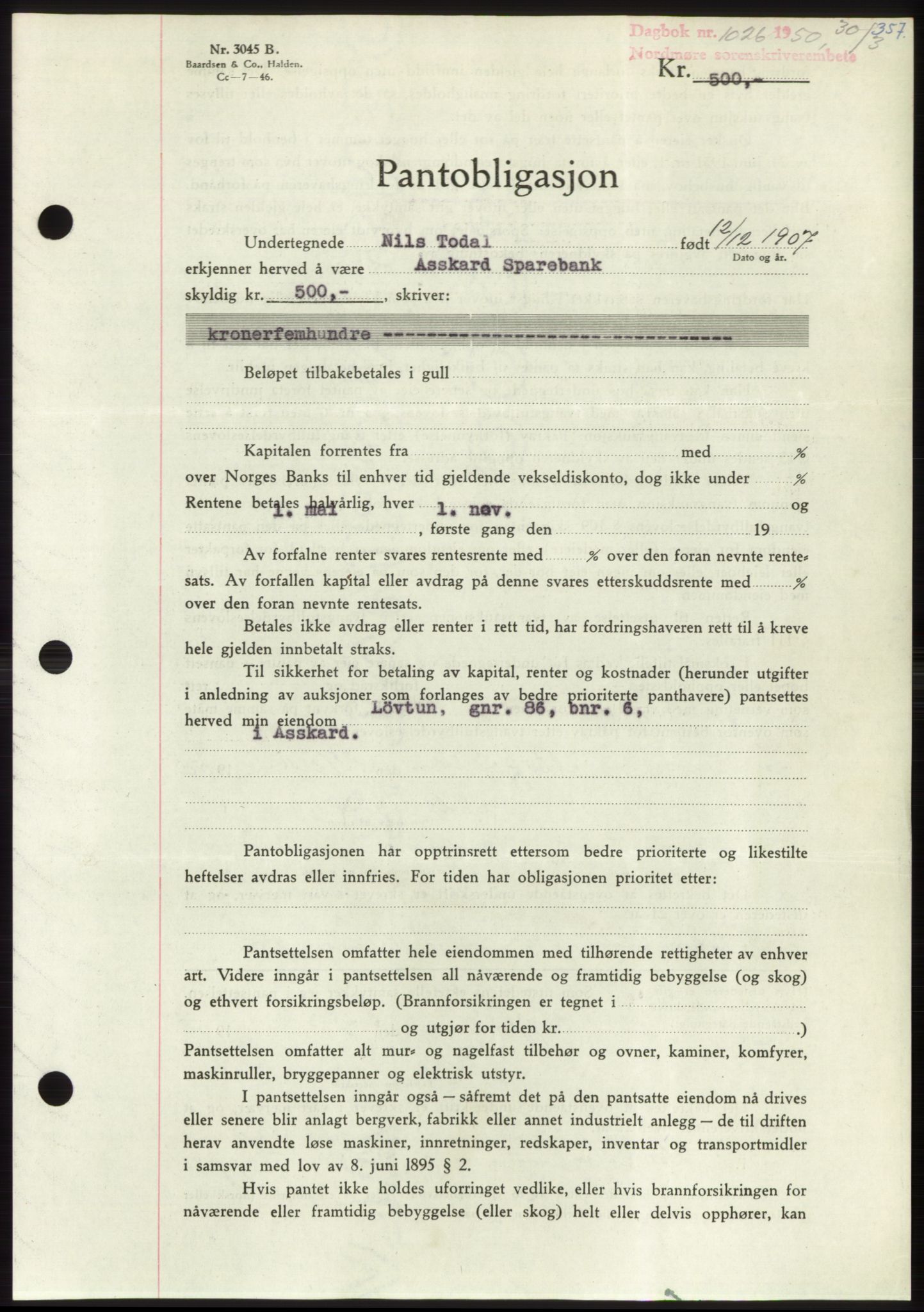 Nordmøre sorenskriveri, AV/SAT-A-4132/1/2/2Ca: Mortgage book no. B104, 1950-1950, Diary no: : 1026/1950