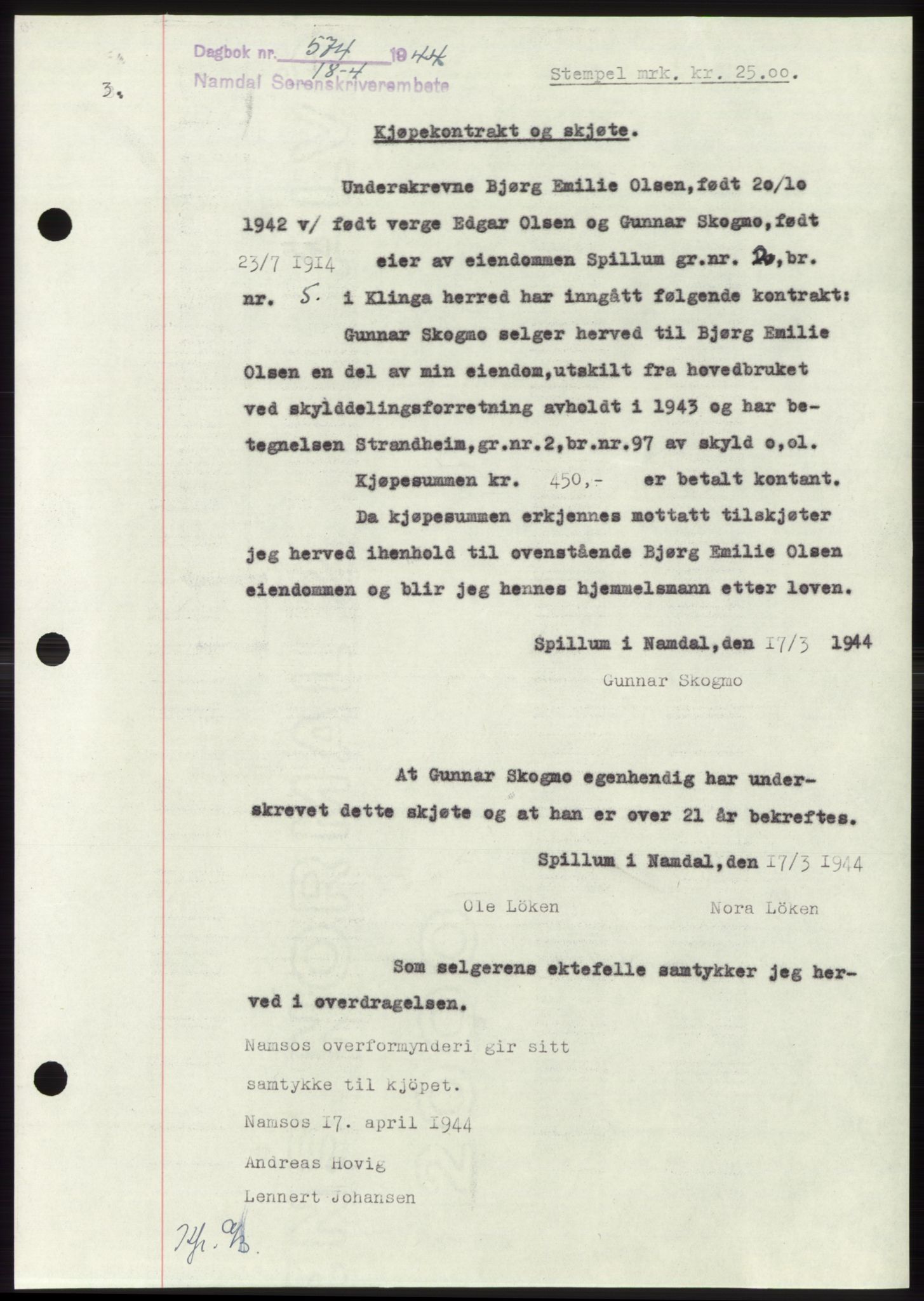 Namdal sorenskriveri, AV/SAT-A-4133/1/2/2C: Mortgage book no. -, 1943-1944, Diary no: : 574/1944