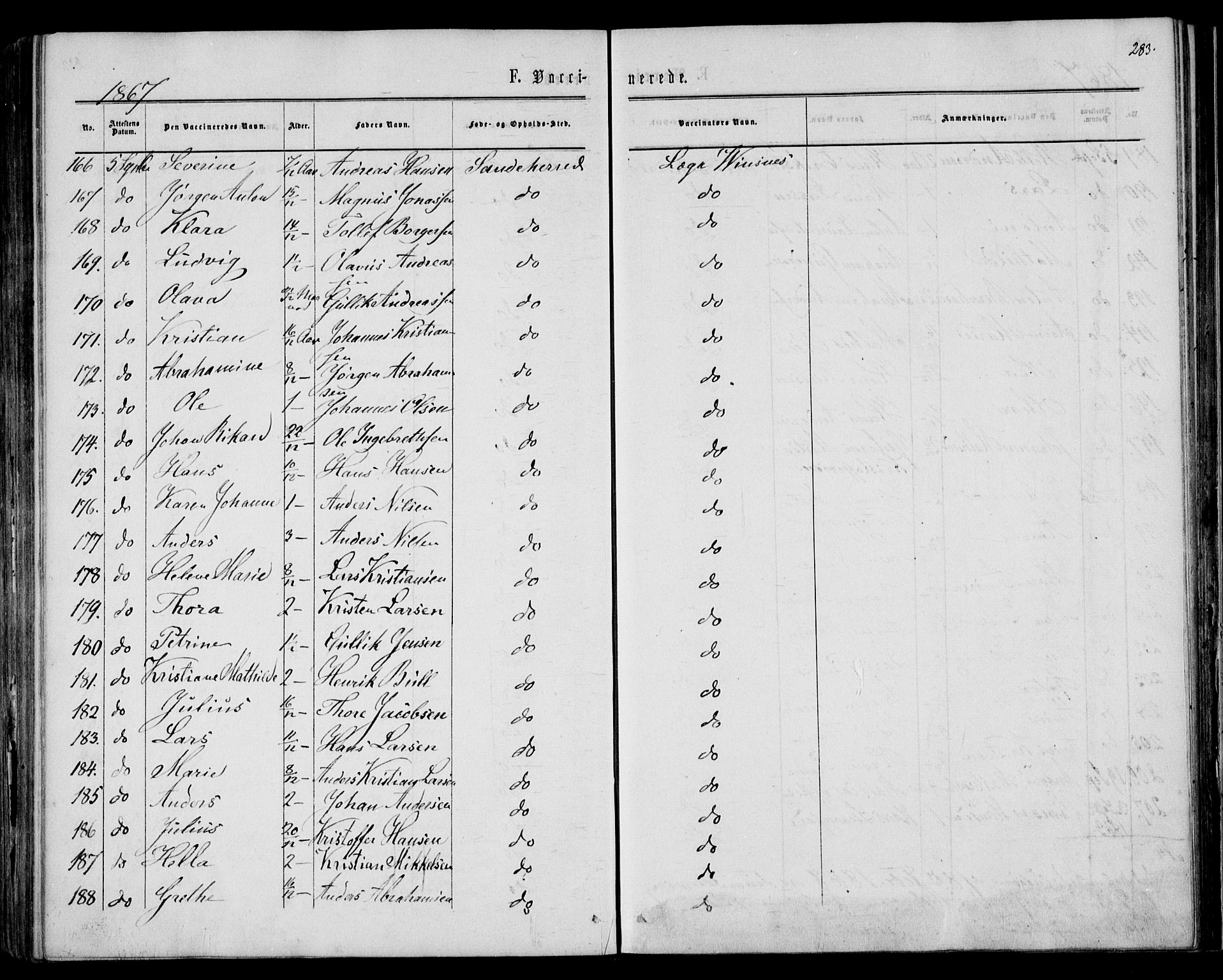 Sandar kirkebøker, AV/SAKO-A-243/F/Fa/L0009: Parish register (official) no. 9, 1862-1871, p. 283