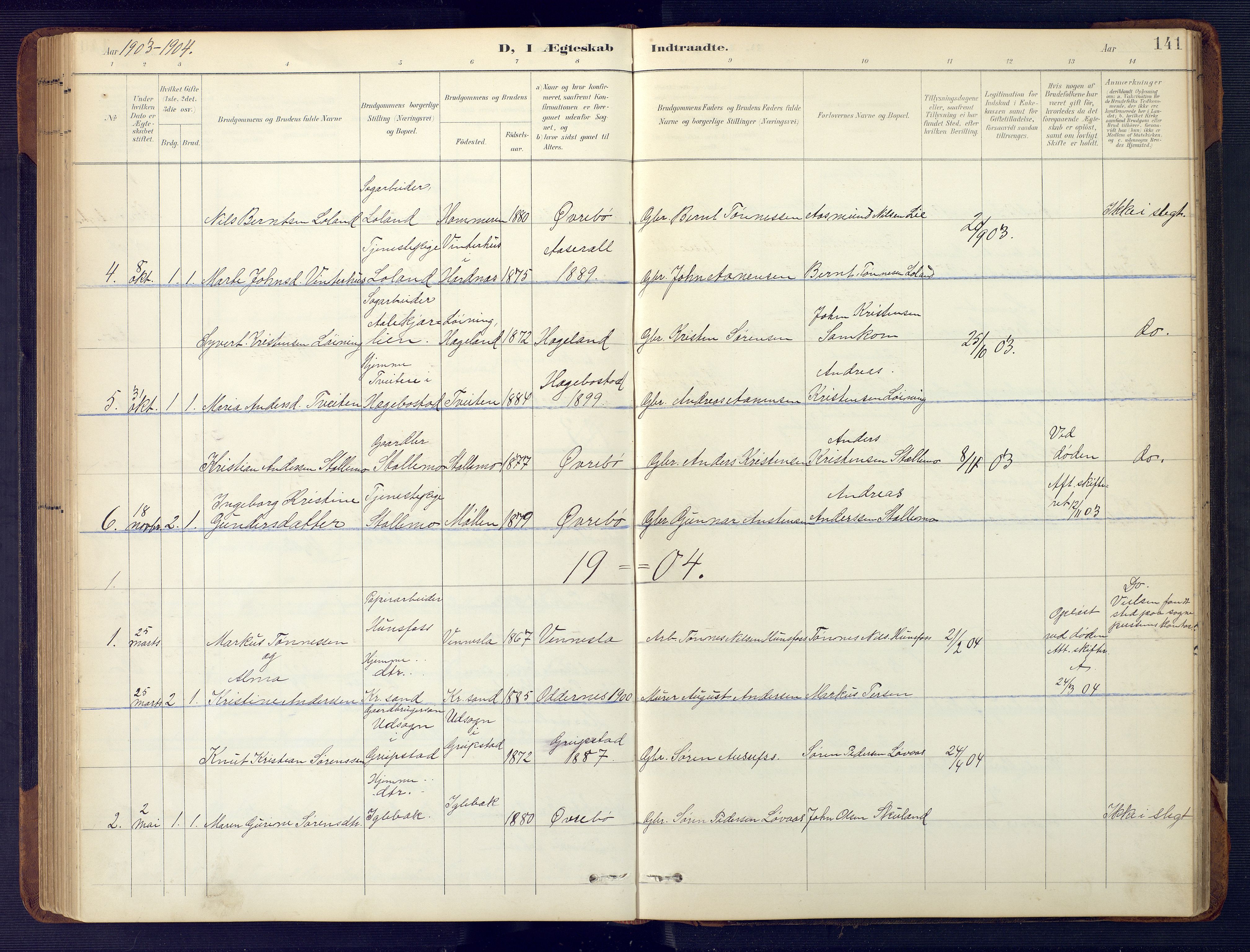 Vennesla sokneprestkontor, SAK/1111-0045/Fb/Fbc/L0003: Parish register (copy) no. B 3, 1895-1946, p. 141