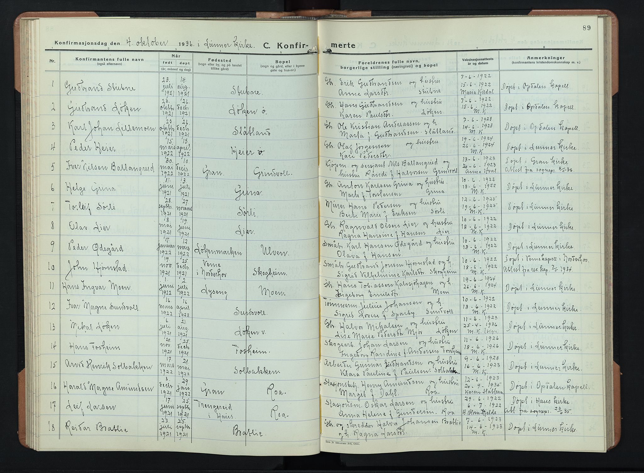 Lunner prestekontor, SAH/PREST-118/H/Ha/Hab/L0003: Parish register (copy) no. 3, 1933-1945, p. 89