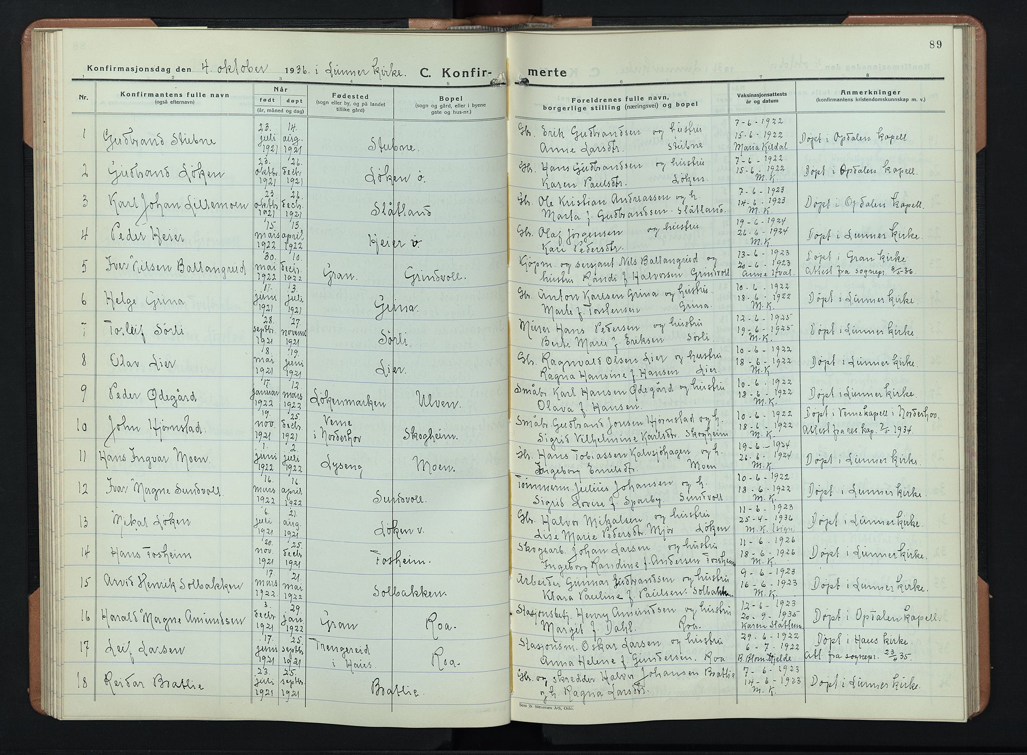 Lunner prestekontor, AV/SAH-PREST-118/H/Ha/Hab/L0003: Parish register (copy) no. 3, 1933-1945, p. 89