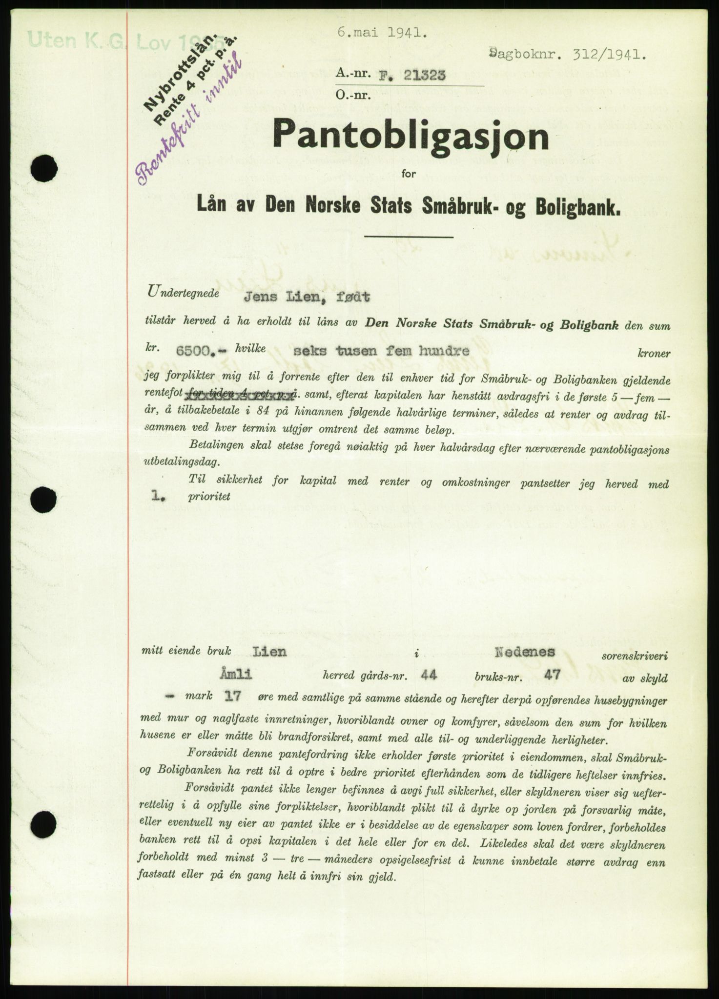 Nedenes sorenskriveri, SAK/1221-0006/G/Gb/Gbb/L0001: Mortgage book no. I, 1939-1942, Diary no: : 312/1941
