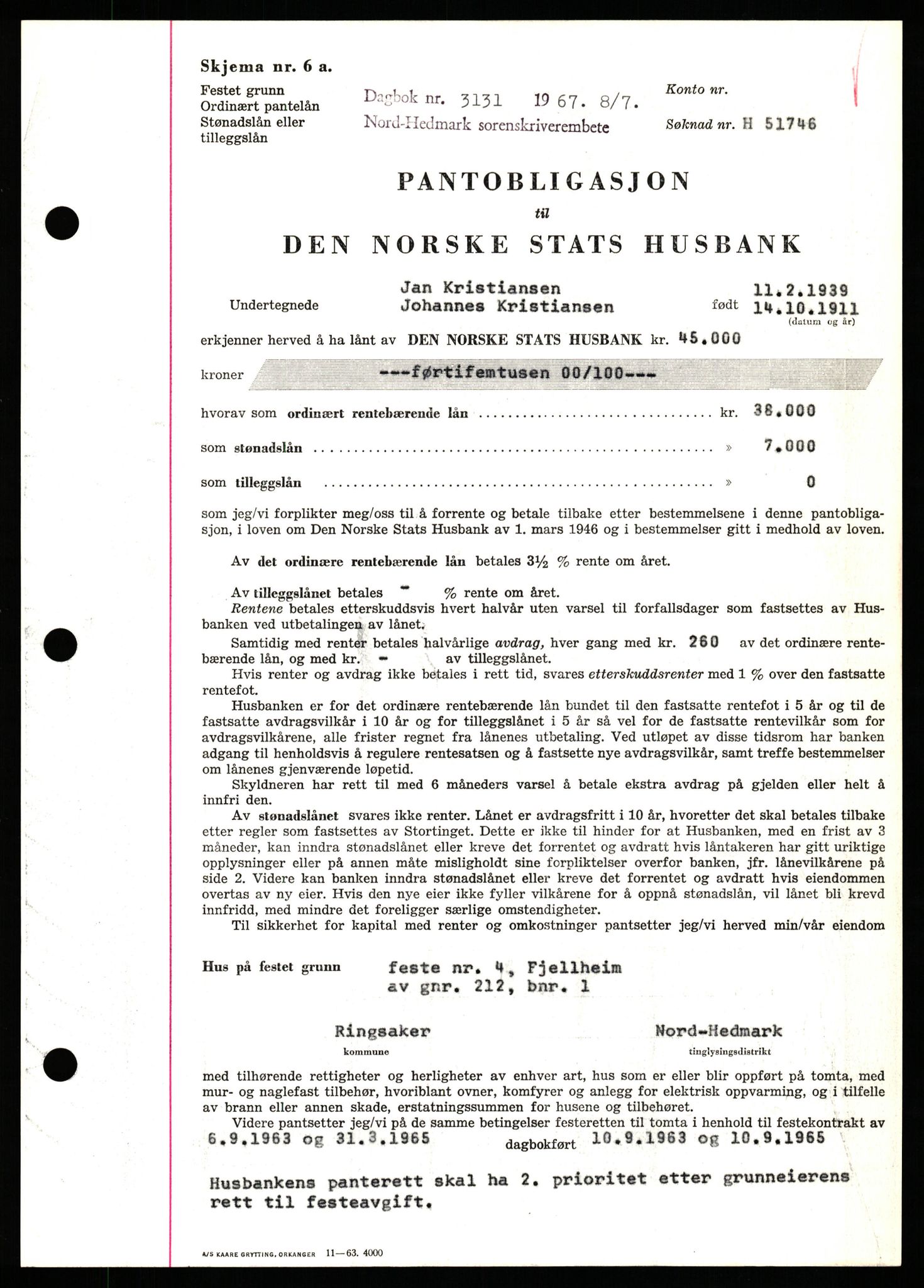 Nord-Hedmark sorenskriveri, SAH/TING-012/H/Hb/Hbf/L0071: Mortgage book no. B71, 1967-1967, Diary no: : 3131/1967