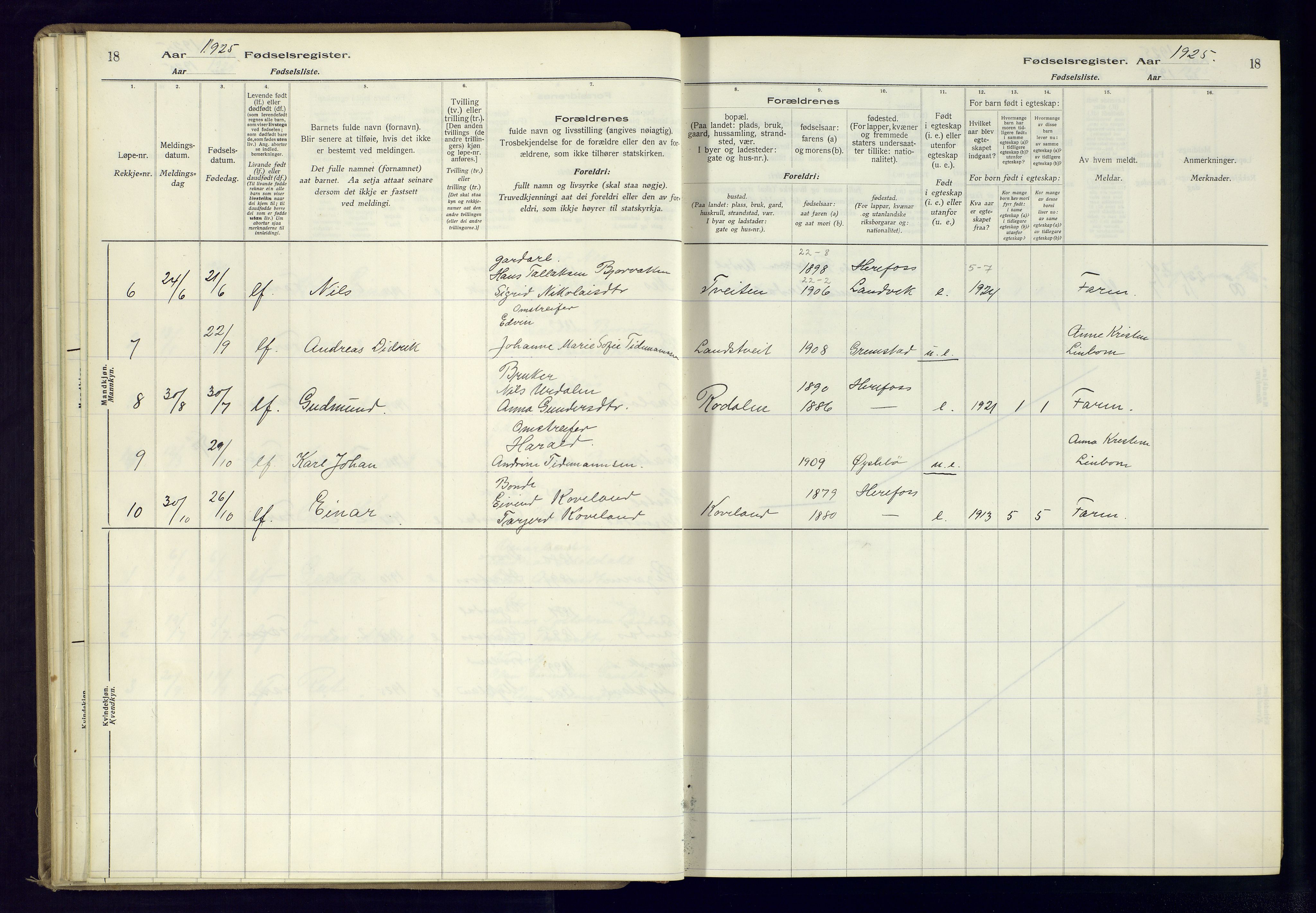 Herefoss sokneprestkontor, AV/SAK-1111-0019/J/Ja/L0001: Birth register no. II.6.10, 1916-1982, p. 18