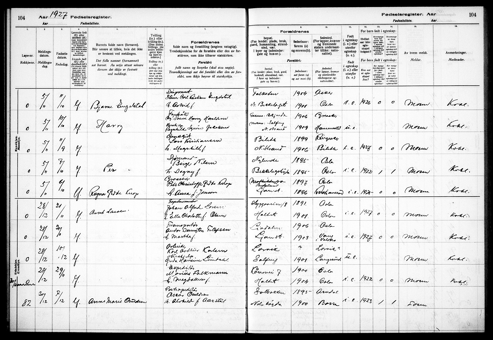 Nordstrand prestekontor Kirkebøker, AV/SAO-A-10362a/J/Ja/L0002: Birth register no. I 2, 1924-1930, p. 104